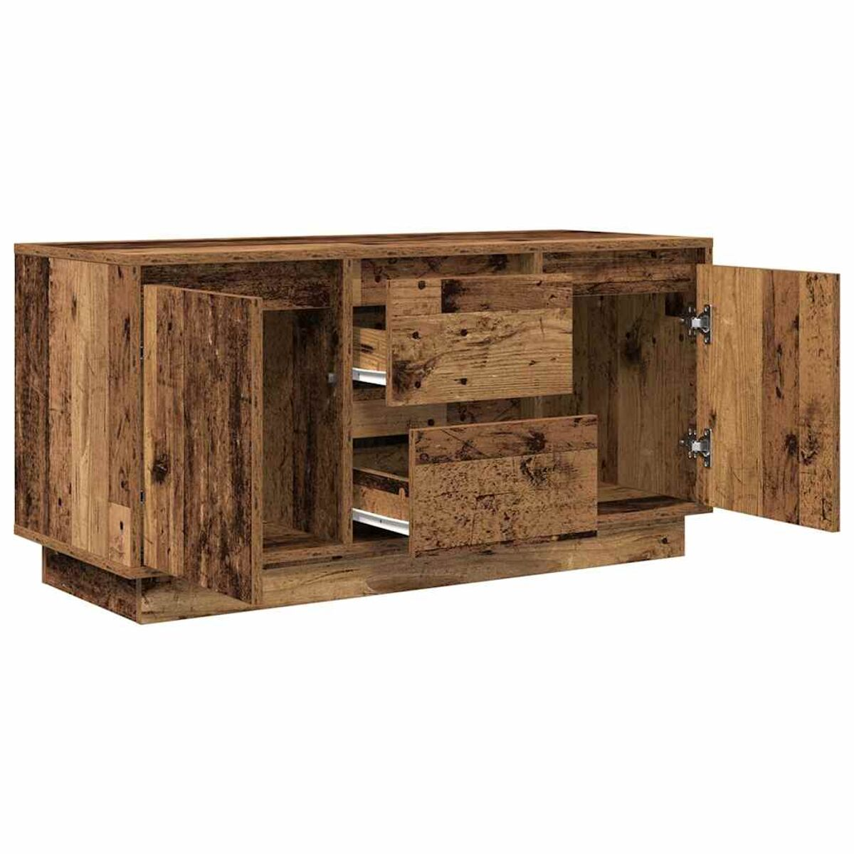 Holzschrank mit zwei offenen Türen und zwei Schubladen. Der Schrank ist braun mit sichtbarer Holzmaserung.