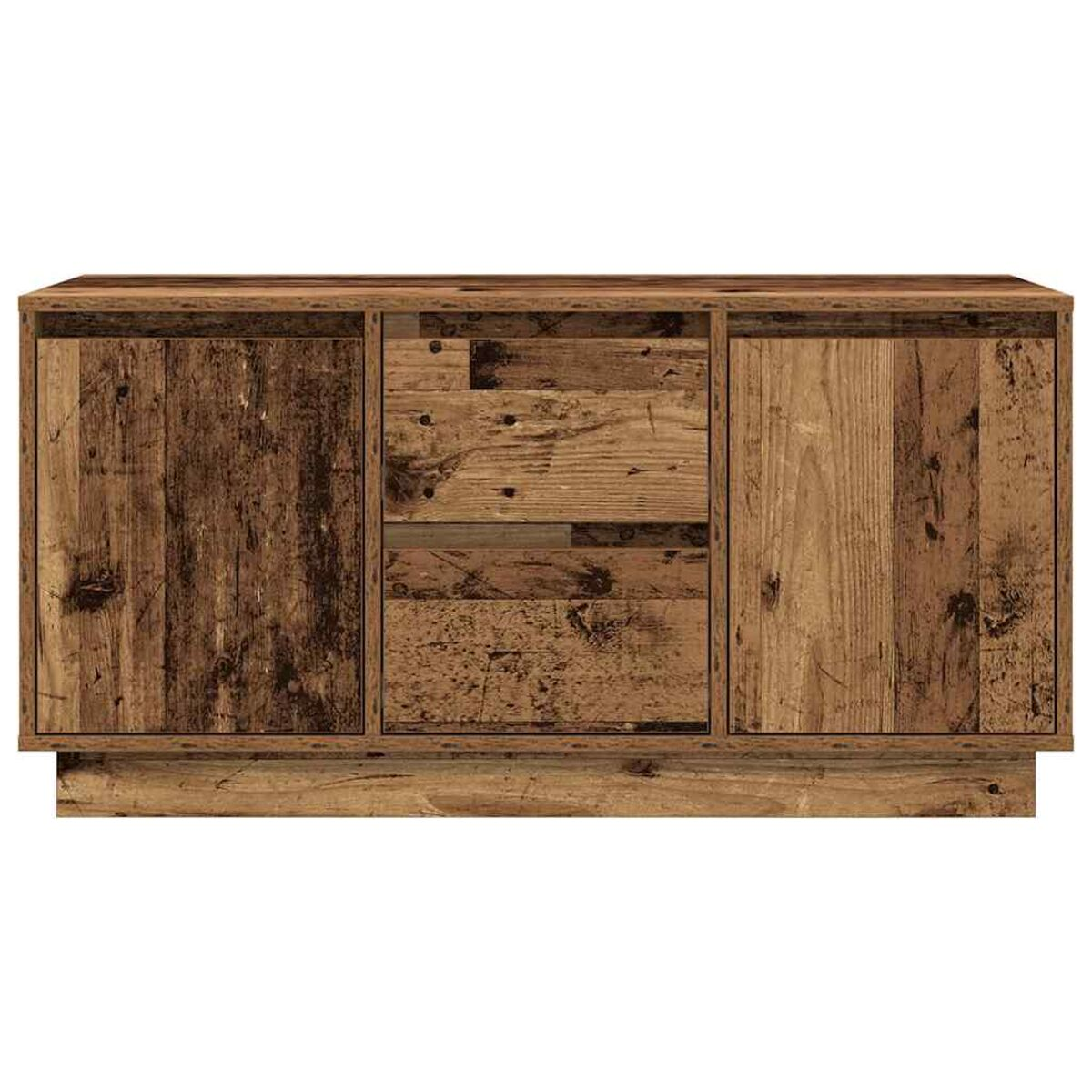 Holzschrank mit drei Abschnitten. Die Türen und die zentralen Schubladen zeigen unterschiedliche Maserung und Farben.