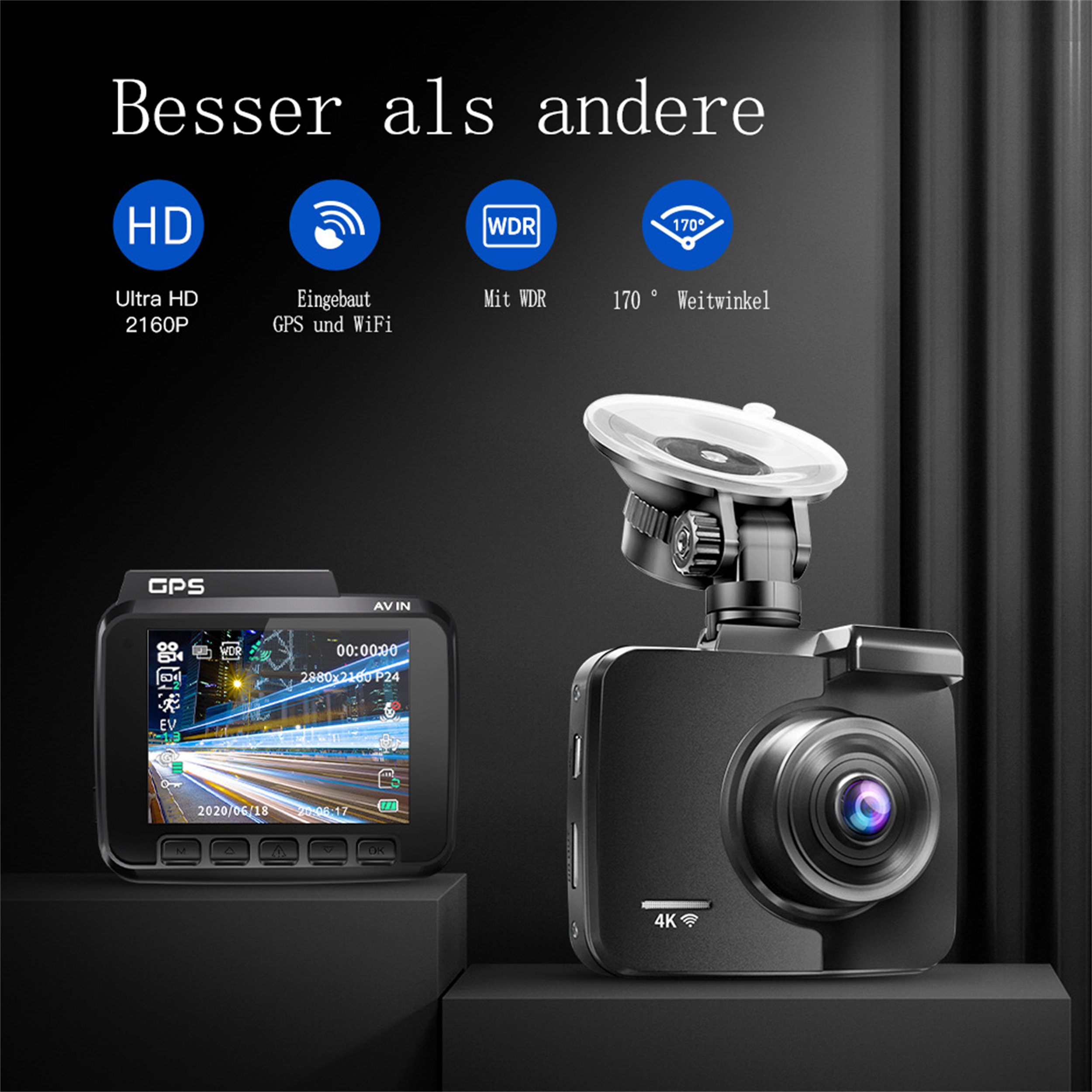 Ein Auto-Dashcam mit Bildschirm, montiert auf einer schwarzen Oberfläche. Es hat eine Linse, Saugnapf und GPS-Funktionen.