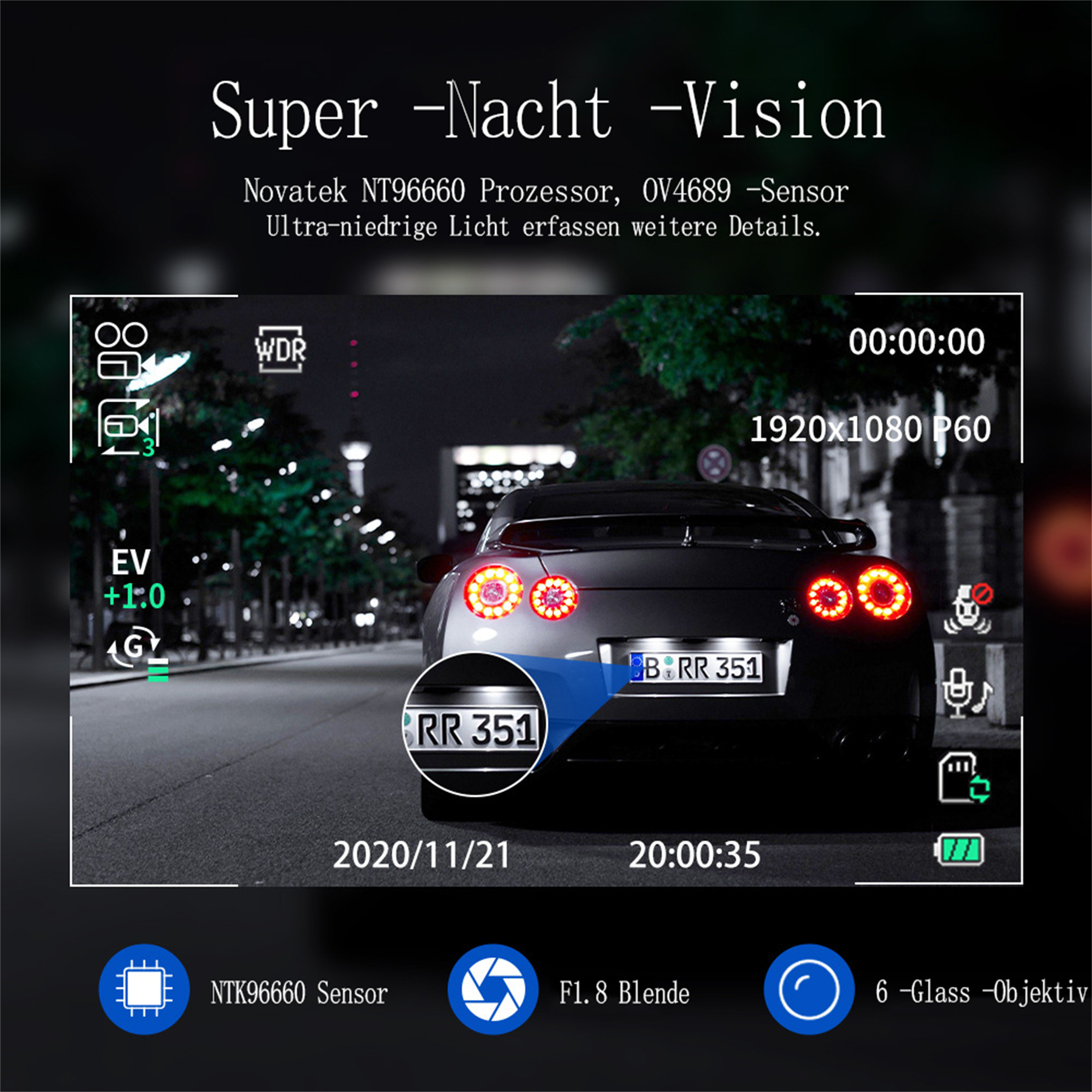 Rückseite eines Autos bei Nacht. Infos auf dem Display: Zeit, Datum, Sensordetails und Einstellungen.