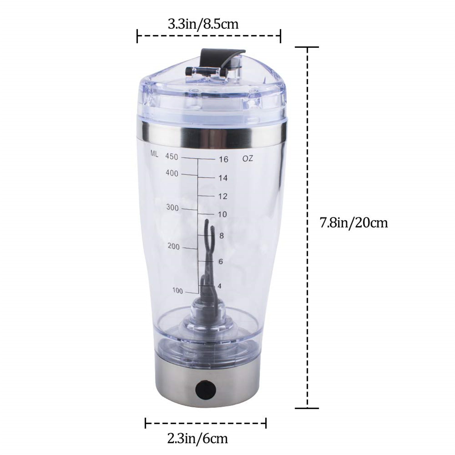 Eine transparente elektrische Shaker-Flasche mit Messungen, einem schwarzen Rührer und einem silbernen Sockel, Abmessungen markiert.