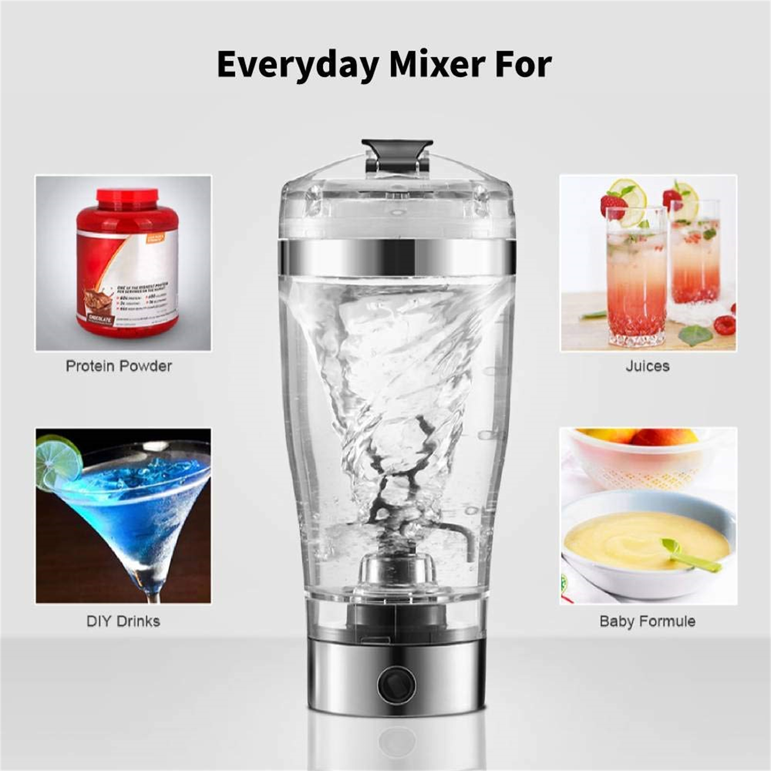 Elektrischer Mixer mit Bildern von Proteinpulver, Säften, DIY-Getränken und Babynahrung. Der Mixer ist klar mit silbernem Sockel.