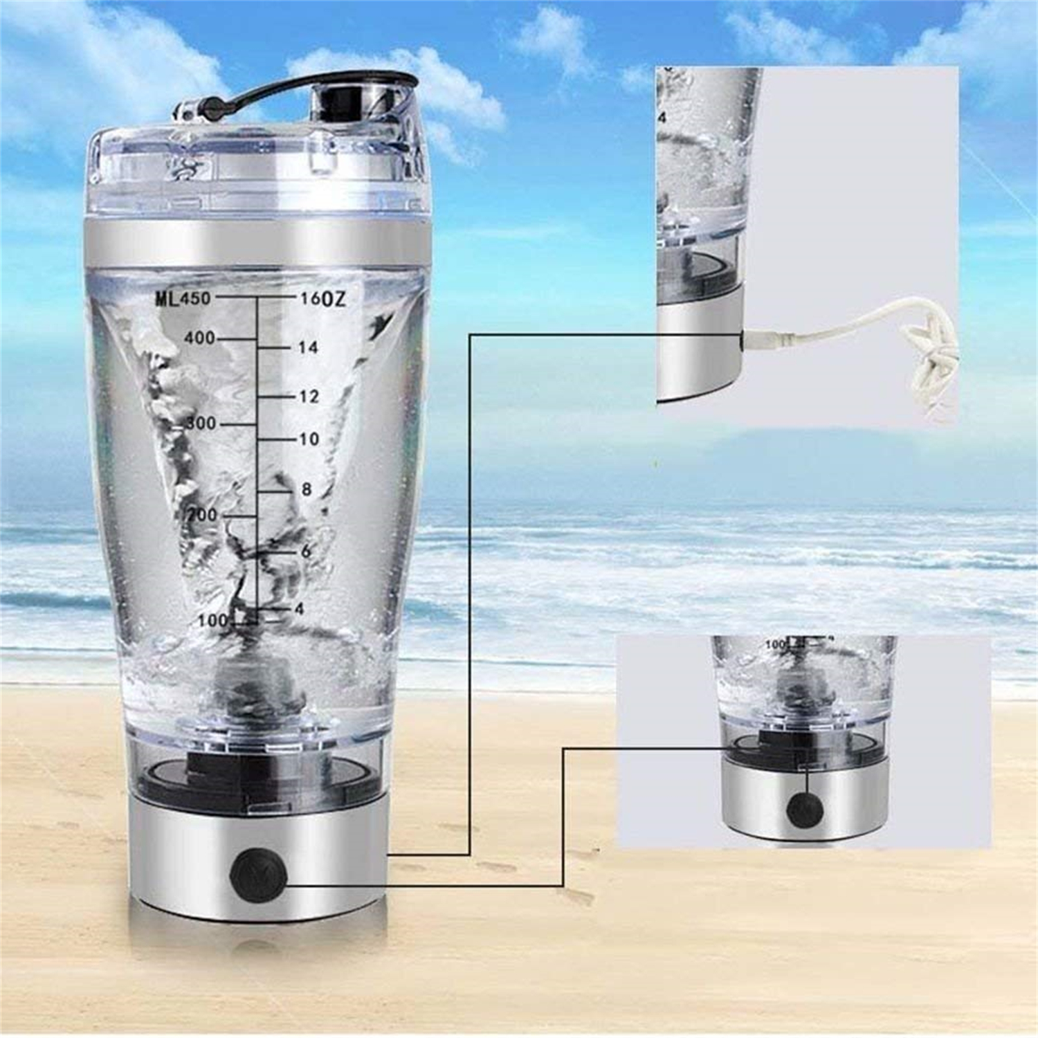 Eine elektrische Shaker-Flasche mit Wasser, die einen Mischeffekt zeigt. Der Hintergrund ist ein Strand und Himmel.
