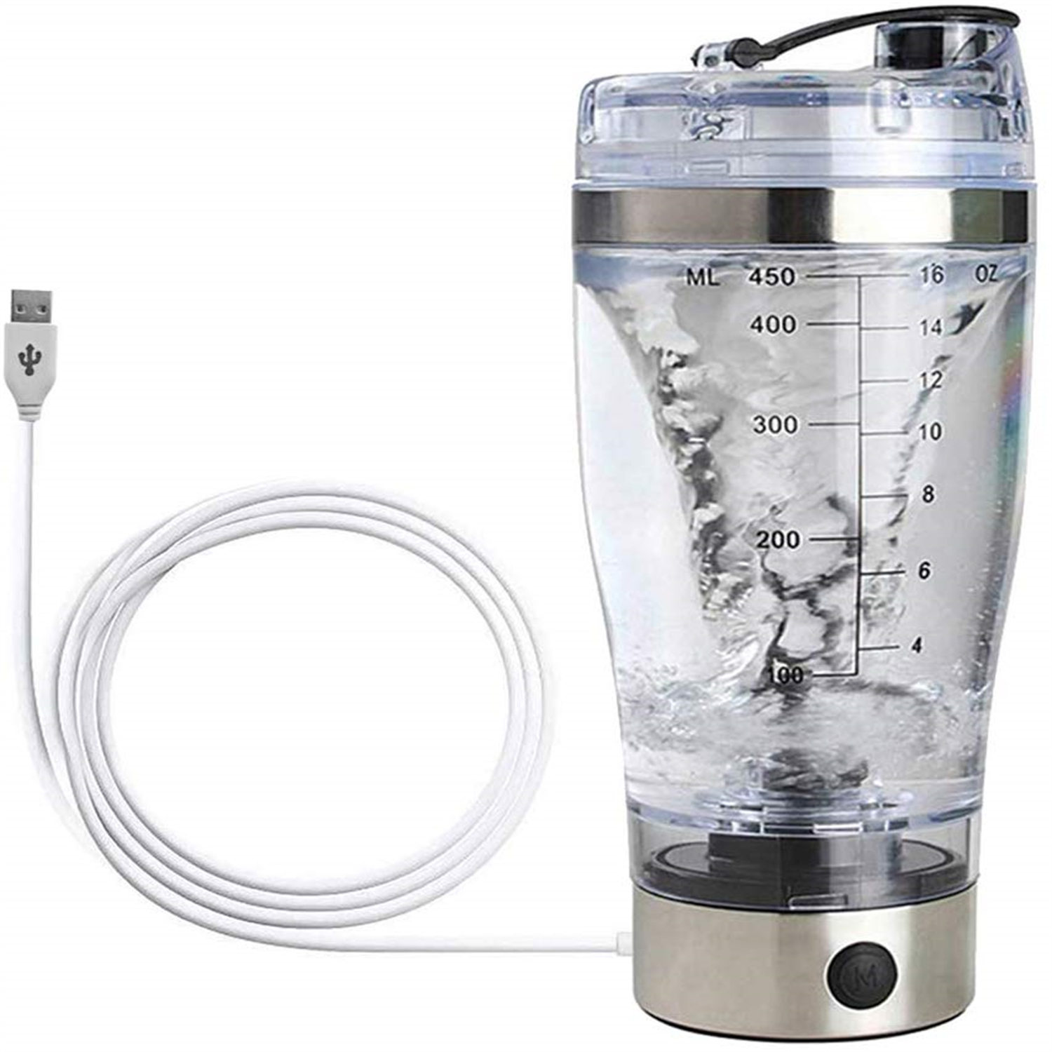 Ein transparenter Shaker mit Flüssigkeit, ein weißes USB-Kabel ist angeschlossen. Es hat Messmarkierungen und einen Power-Knopf.