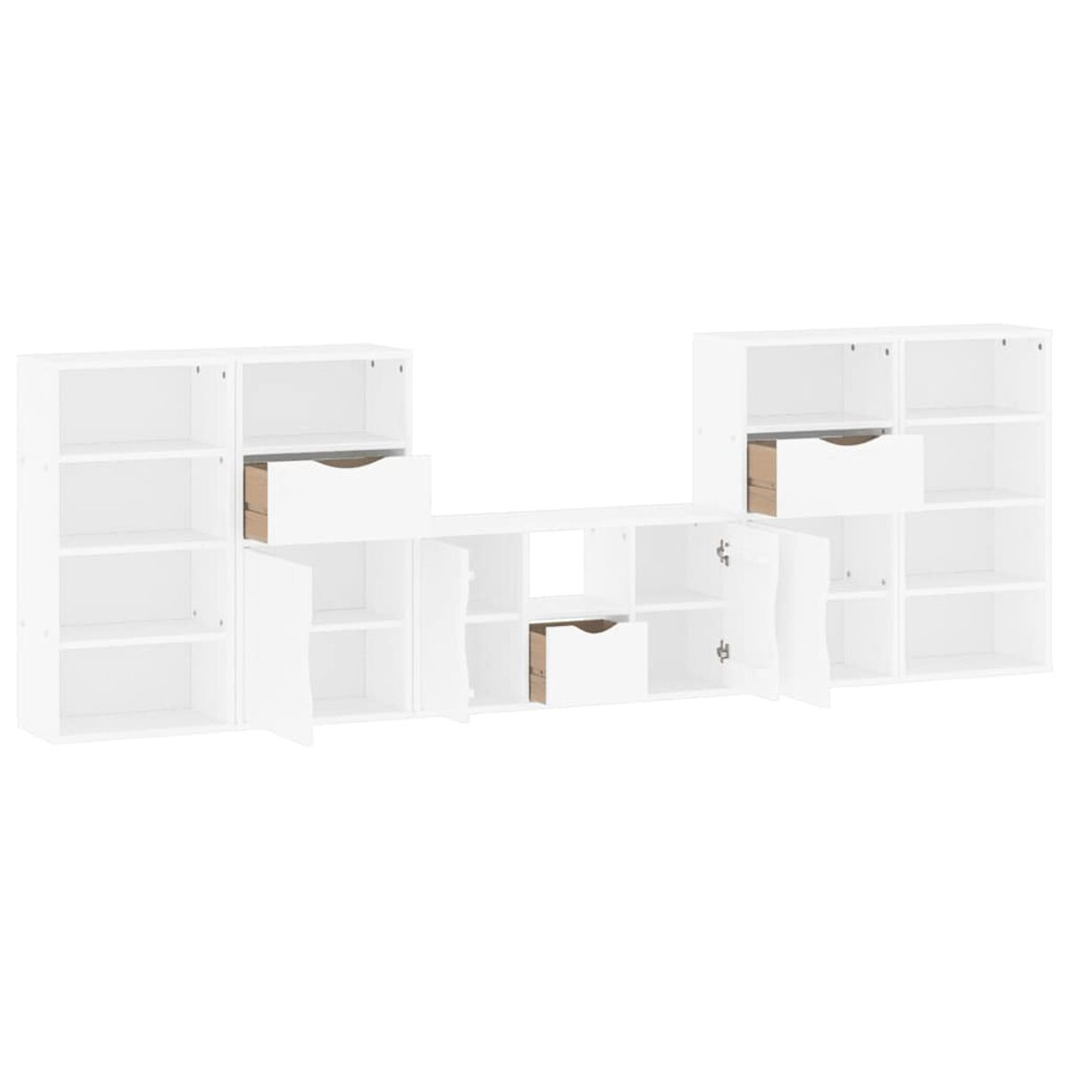Weiße, an der Wand montierte Schrankwand mit offenen Regalen, Schubladen und Türen. Einige Türen und Schubladen sind offen.