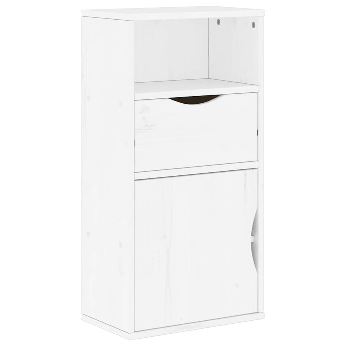 Ein weißer Holzschrank mit Schublade und Tür. Er hat ein offenes Regal oben.