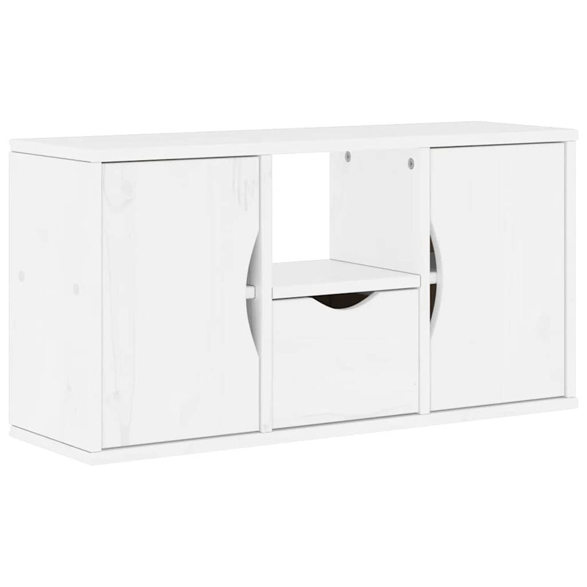 Ein weißer Holzschrank mit zwei Türen und einer Schublade in der Mitte. Die Türen haben gebogene Griffe.