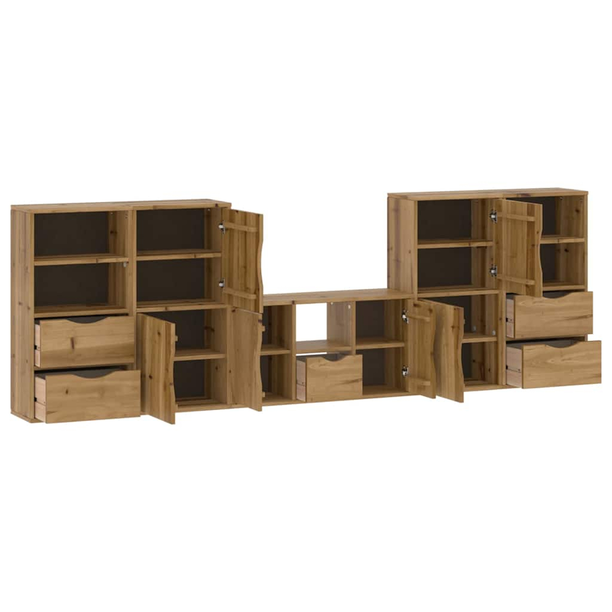 Ein Holzmöbelset mit mehreren Schränken, Schubladen und offenen Regalen. Einige Türen sind geöffnet und zeigen Innenfächer.
