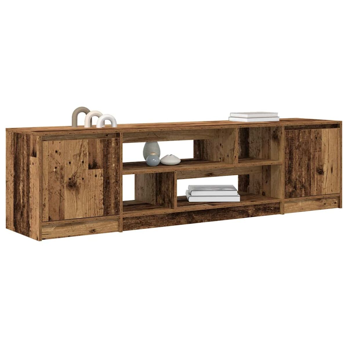 Ein TV-Ständer aus Holz mit Schränken, Regalen und offenen Bereichen. Er enthält Dekorationsartikel und Bücher.