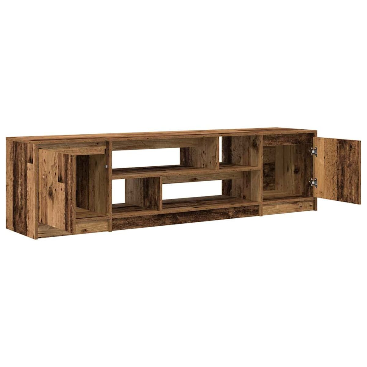 Ein TV-Schrank aus Holz mit offenen Regalen und zwei Schränken. Eine Schranktür ist geöffnet und zeigt einen leeren Raum. Das Holz hat ein rustikales Finish.