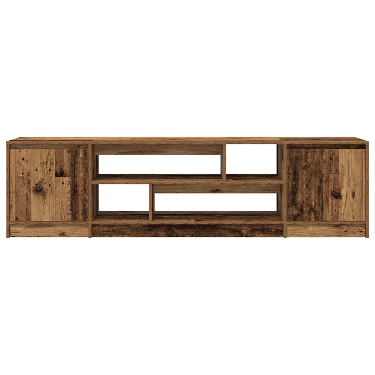 Eine braune Medienkonsole aus Holz mit Regalen und zwei Seitenschränken. Das Holz hat ein rustikales, abgenutztes Aussehen.