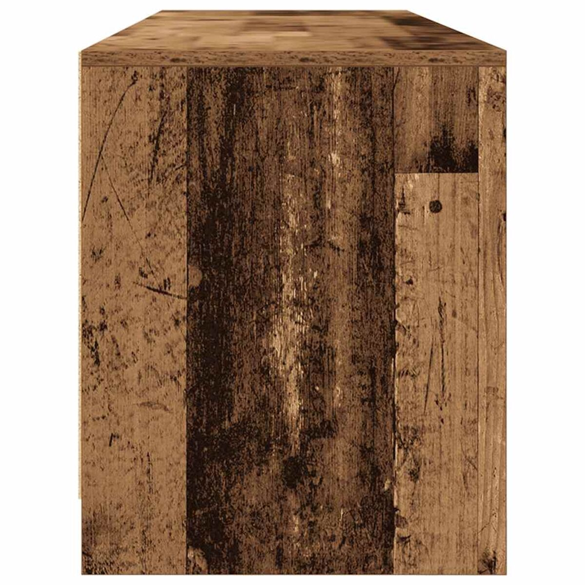 Eine Holzkiste mit rauer Textur. Das Holz hat braune und dunkelbraune Töne. Sichtbare Maserung und Abnutzungsmuster.