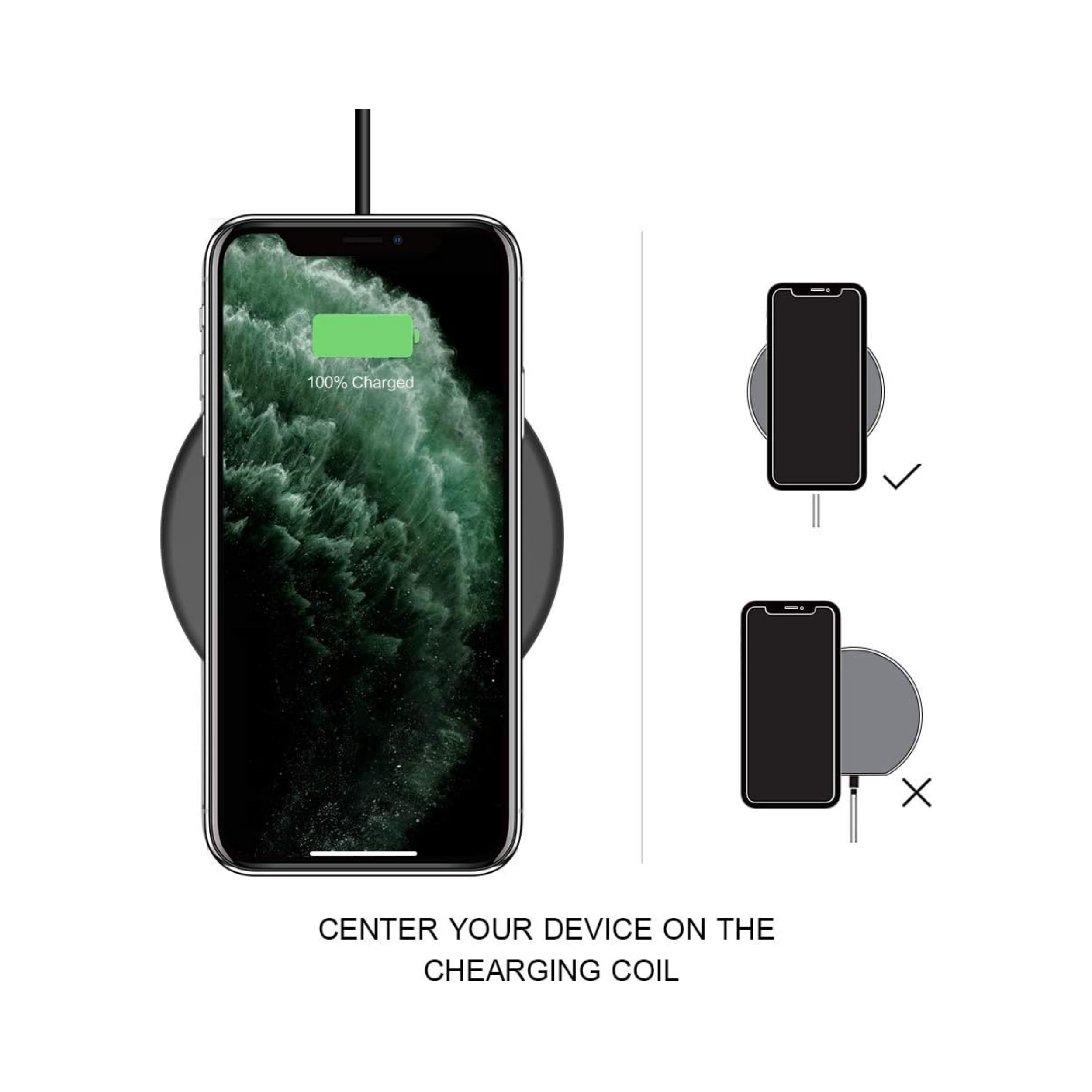 Telefon wird auf kabellosem Ladegerät aufgeladen. Telefon zeigt 100 % geladen an. Diagramme zeigen korrekte vs. falsche Platzierung.