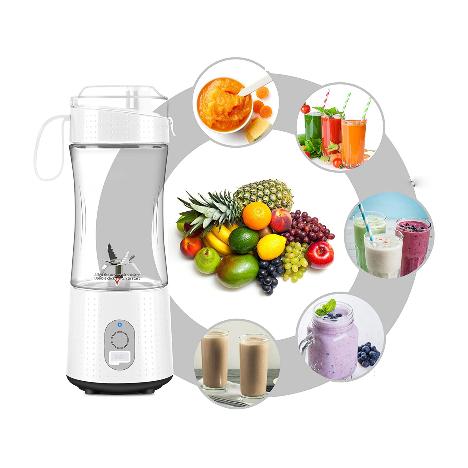 Ein weißer Mixer mit Früchten und Smoothies. Enthält Ananas, Orange, Trauben und verschiedene Smoothies in Gläsern.