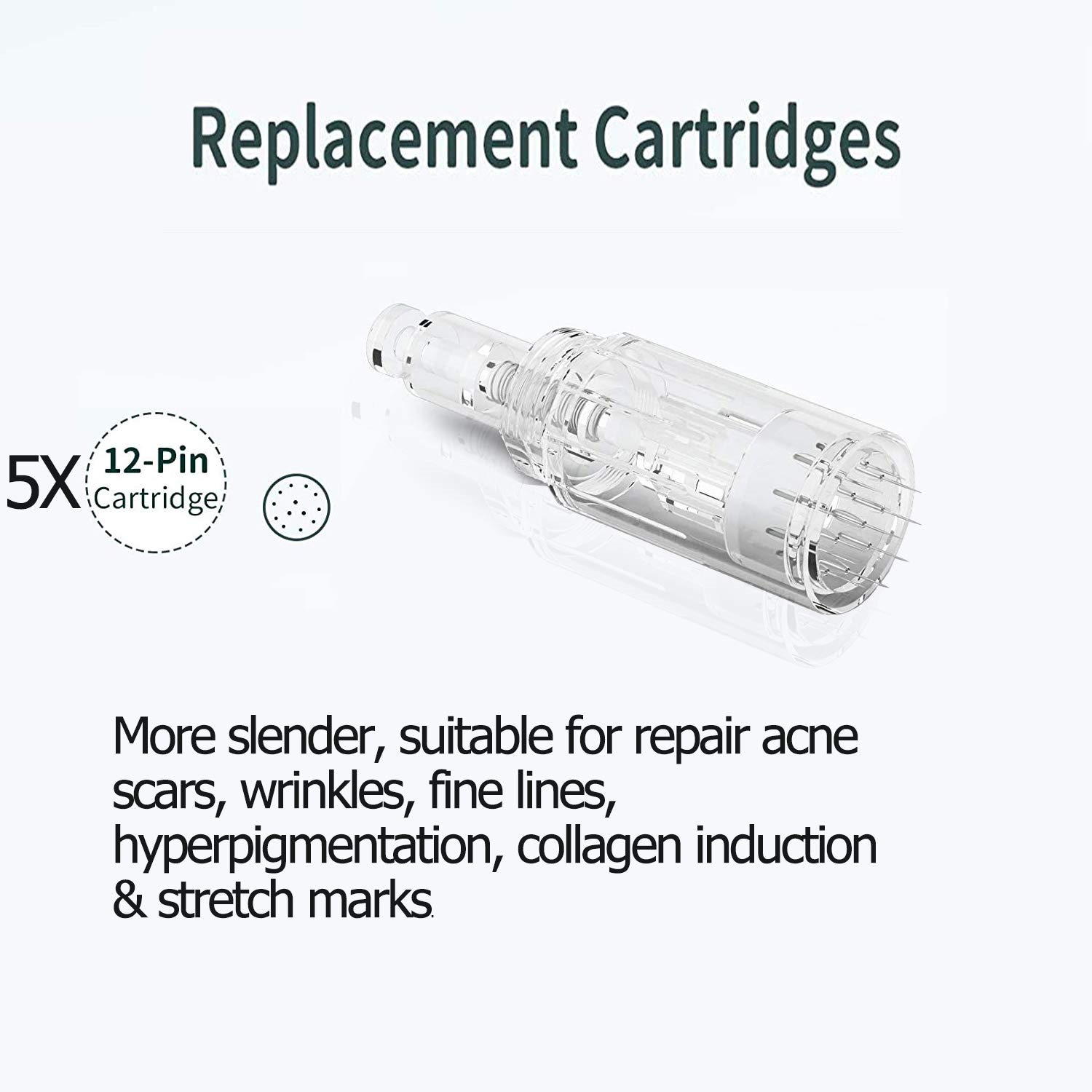 Das Bild zeigt eine Patrone mit der Aufschrift 'Replacement Cartridges'. Text erwähnt die Verwendung für Aknenarben, Falten und feine Linien.