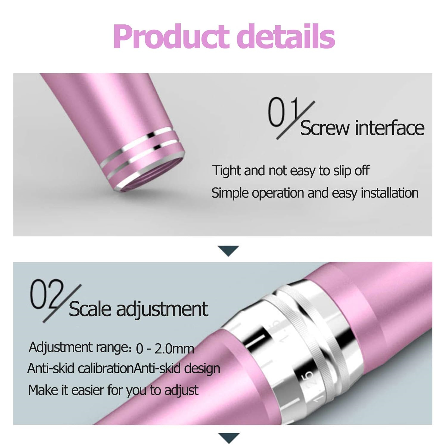 Produktdetails zeigen ein rosa Gerät mit Schraubanschluss und Skaleneinstellungsfunktionen. Text beschreibt die Funktionen und den Einstellbereich.