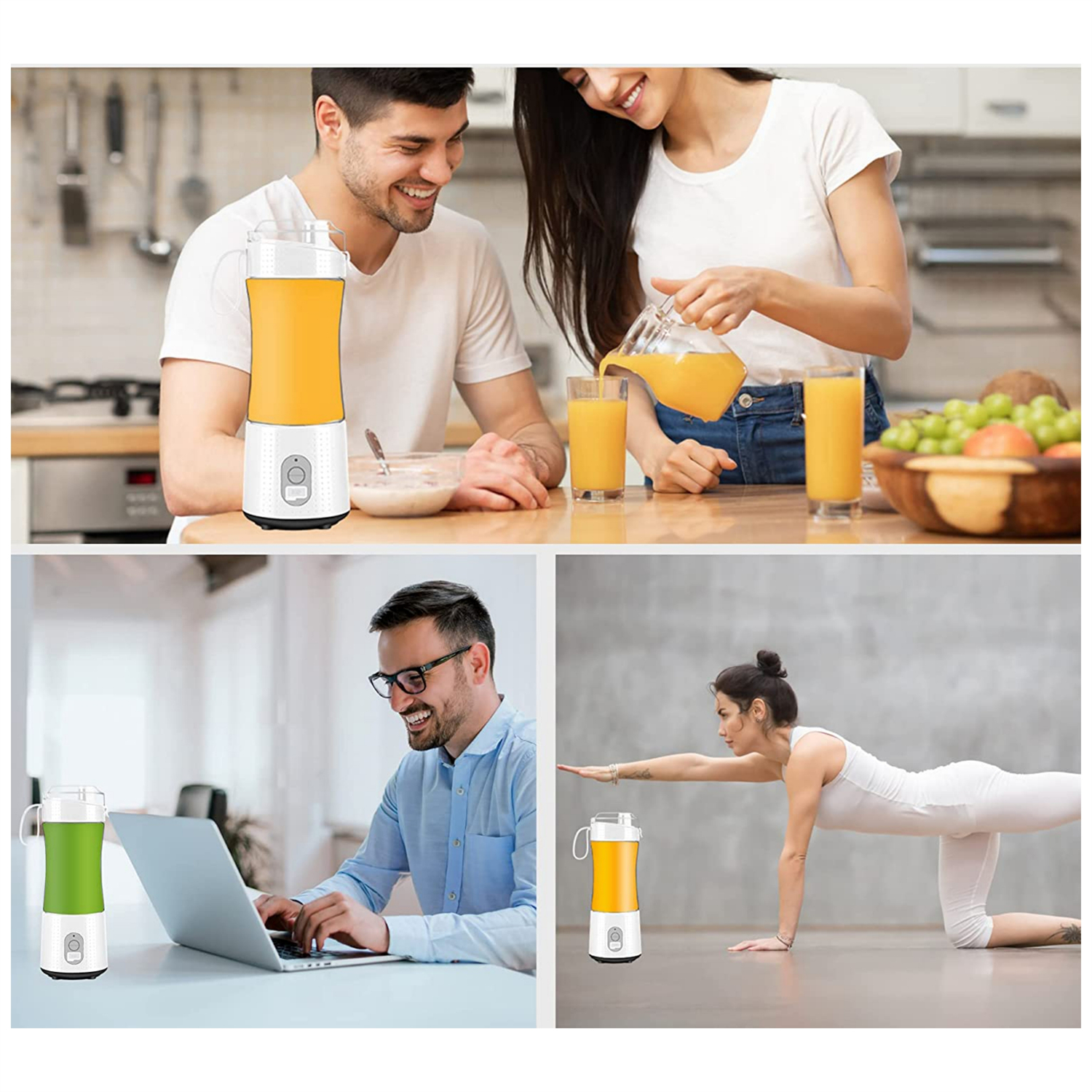 Eine Collage zeigt Menschen, die Mixer benutzen. Ein Paar macht Saft, ein Mann arbeitet am Laptop und eine Frau macht Yoga mit einem Mixer.