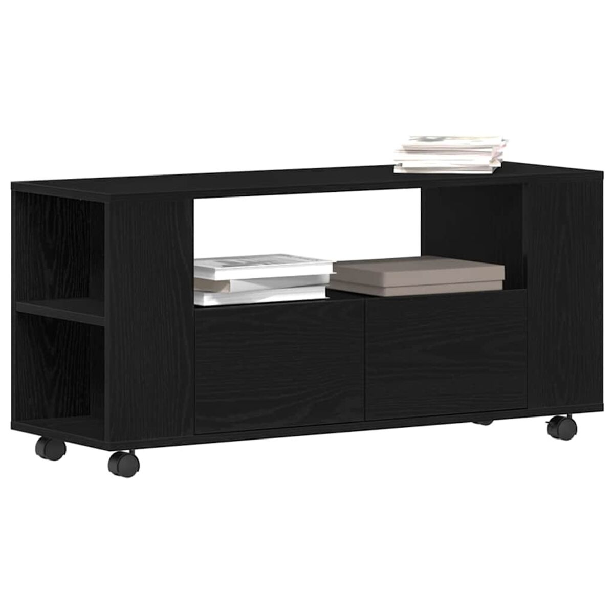 Schwarzer Schrank mit Rädern. Er hat offene Regale, einen zentralen offenen Bereich und zwei Türen. Bücher und eine Box liegen darauf.