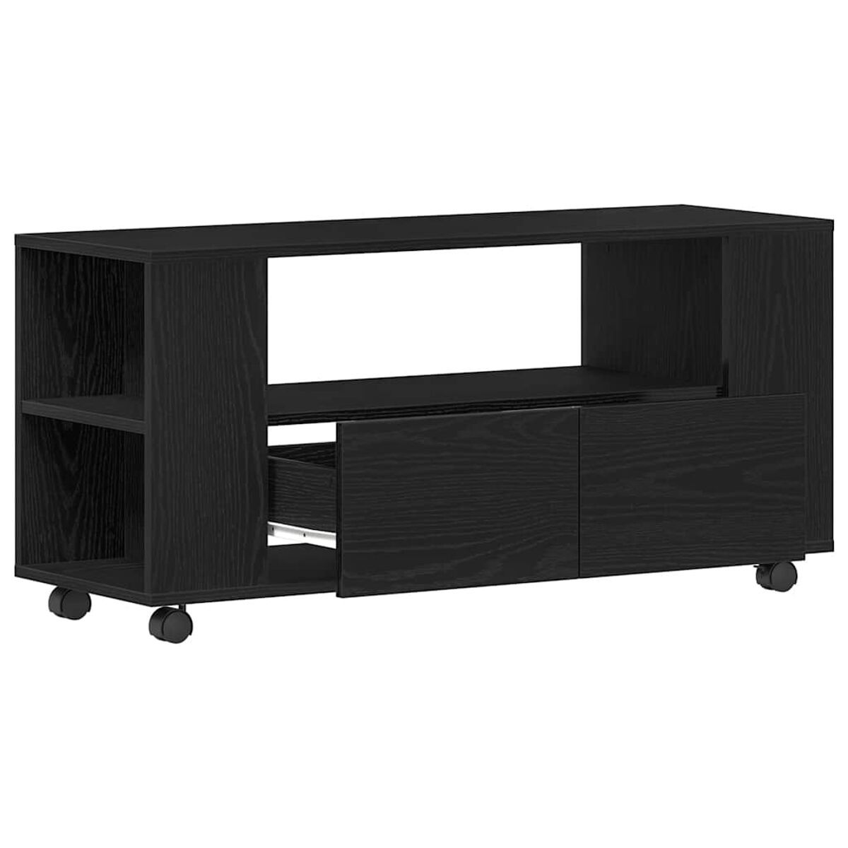 Schwarze Medienkonsole mit Regalen, Schubladen und Rädern auf weißem Hintergrund.