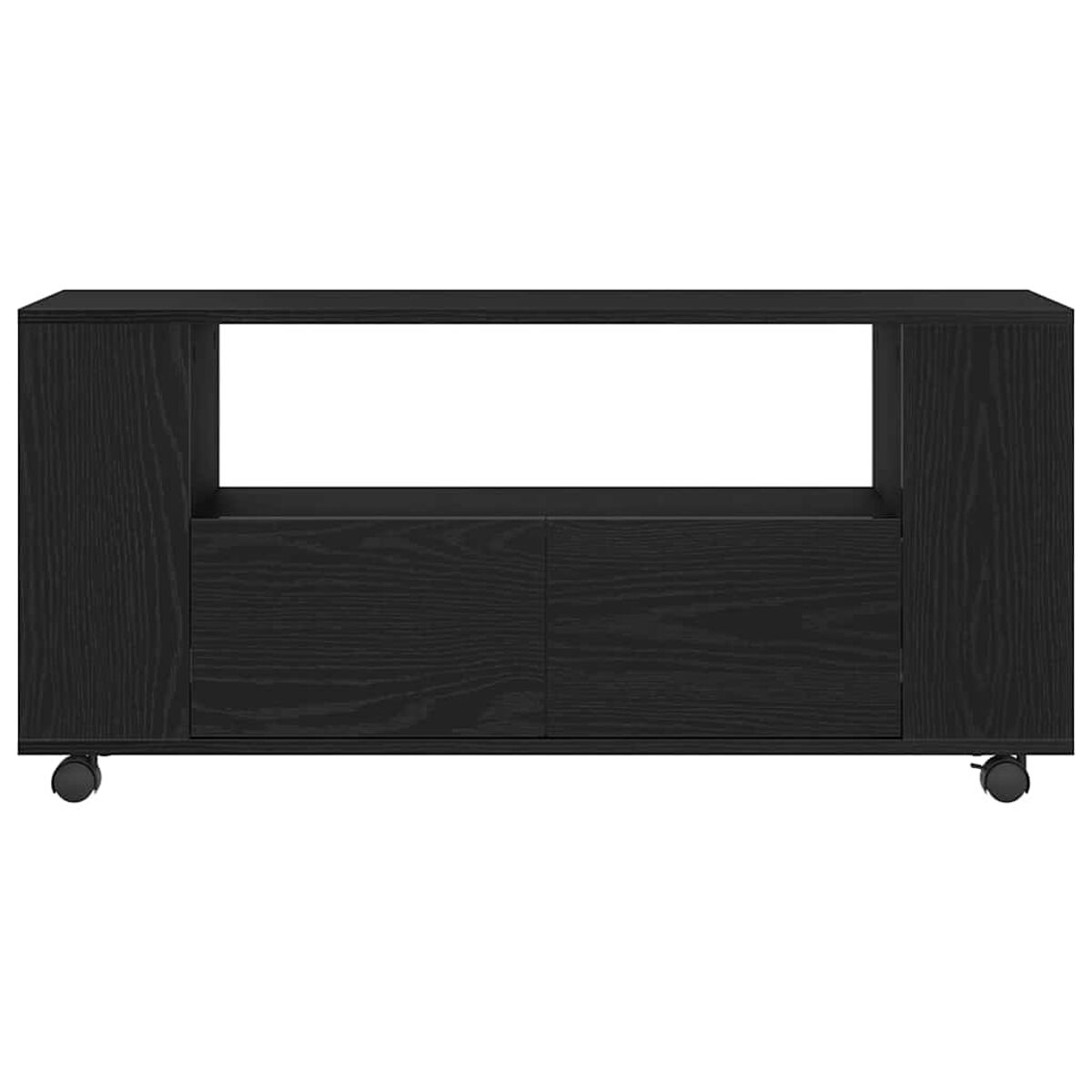 Ein schwarzer Holzschrank mit offenem Regal und zwei Türen darunter. Er hat Rollen für Mobilität.