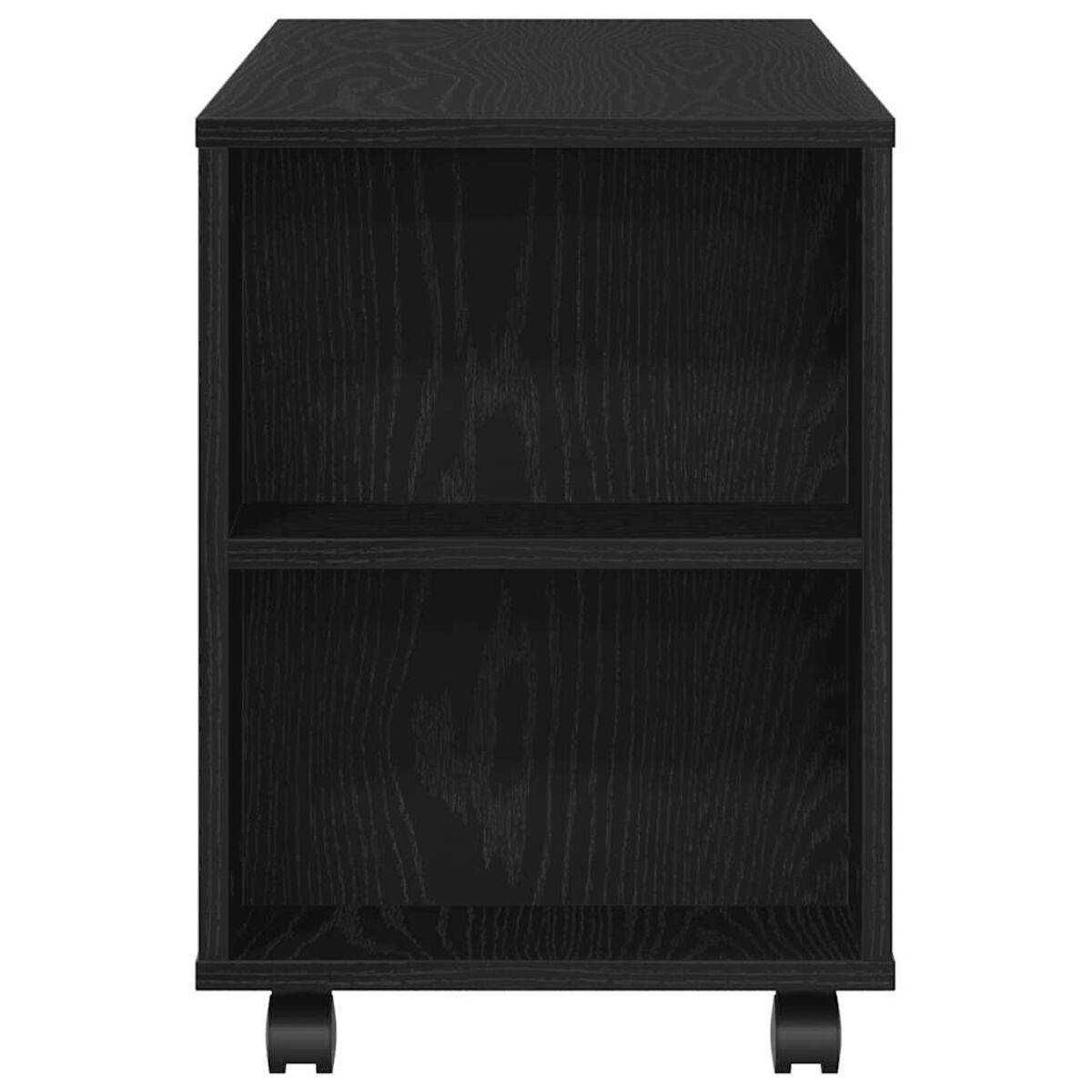 Ein schwarzer Holzschrank mit zwei Regalen und Rollen. Die Holzmaserung ist sichtbar. Der Schrank ist rechteckig.