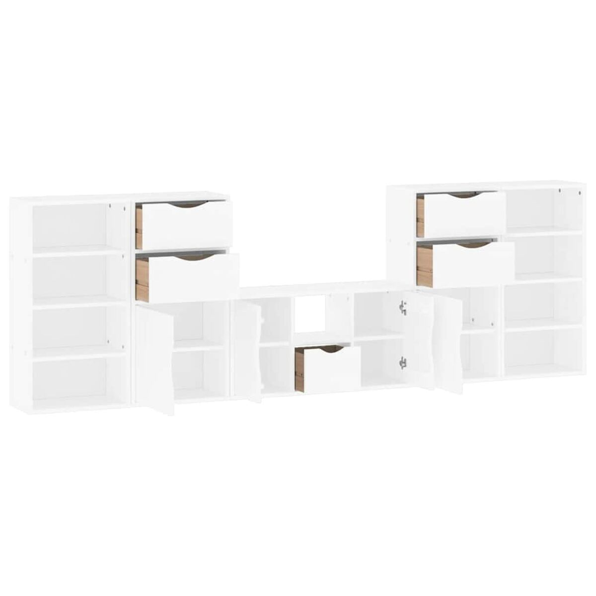 Weißes modulares Wandmöbel mit Regalen, Schubladen und Schränken. Einige Türen und Schubladen sind offen. Vor weißem Hintergrund.