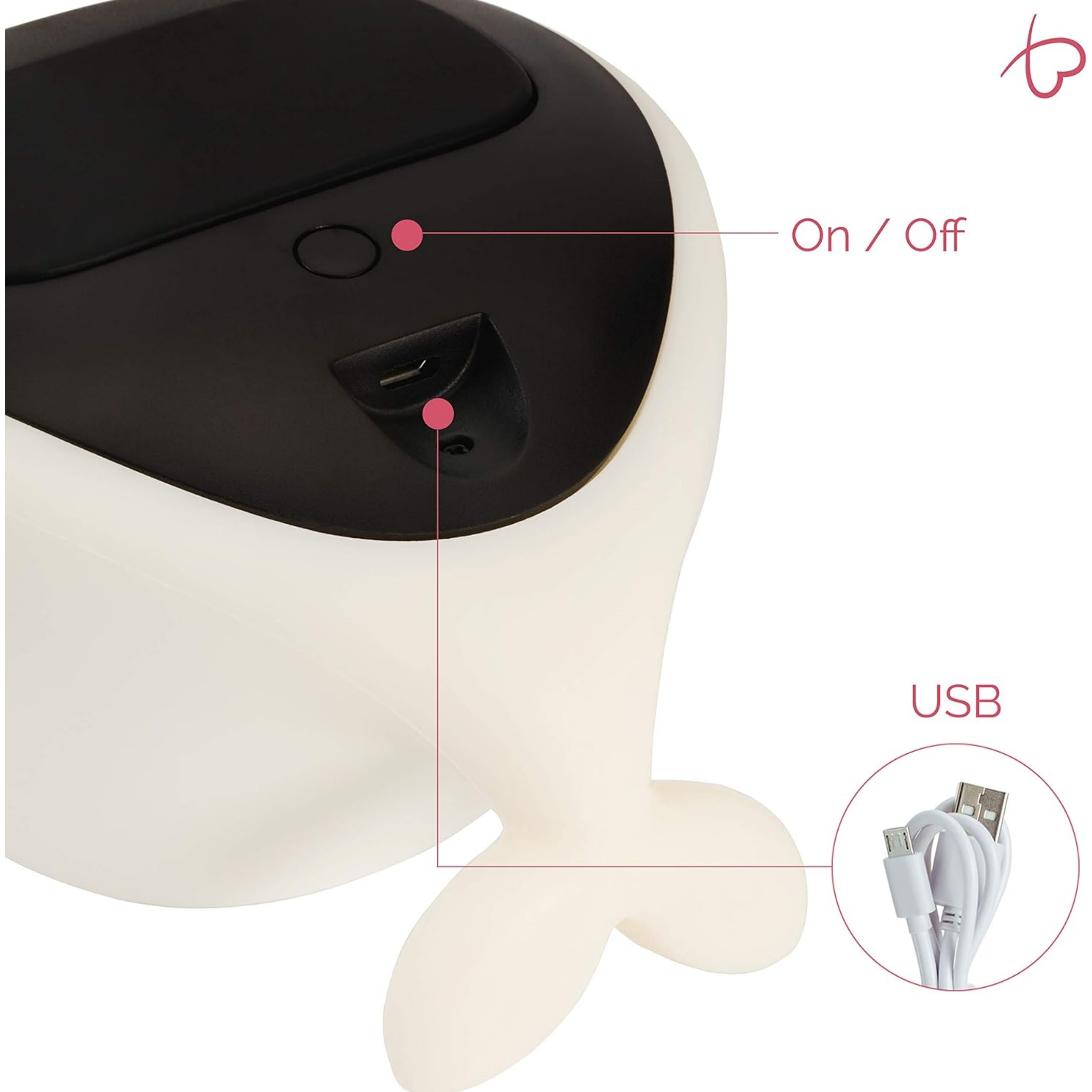 Ein weißes Wal-Nachtlicht mit schwarzem Oberteil. Es hat eine Ein-/Aus-Taste und einen USB-Anschluss. Ein USB-Kabel ist enthalten.