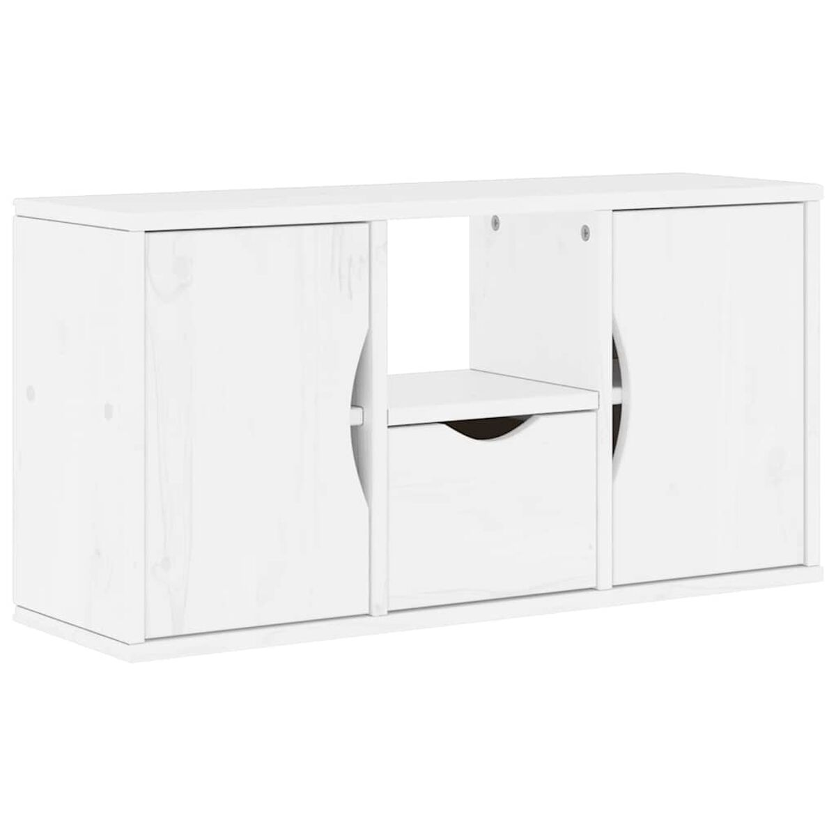 Ein weißer Schrank mit zwei Türen und einer Schublade. Er hat ein Regal in der Mitte. Der Hintergrund ist weiß.