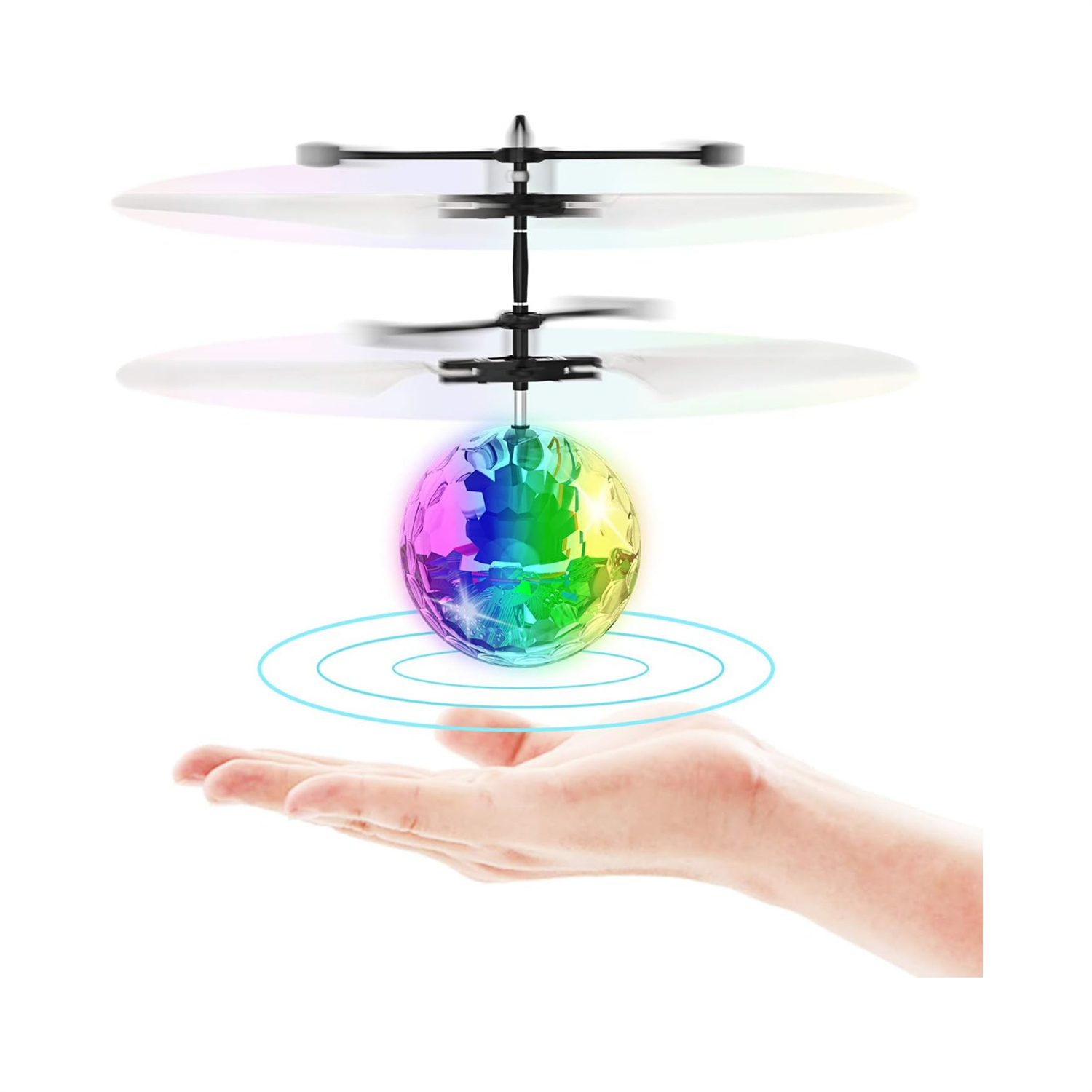 Eine Hand hält ein schwebendes Spielzeug mit einer Regenbogenkugel und rotierenden Blättern. Der Hintergrund ist weiß.