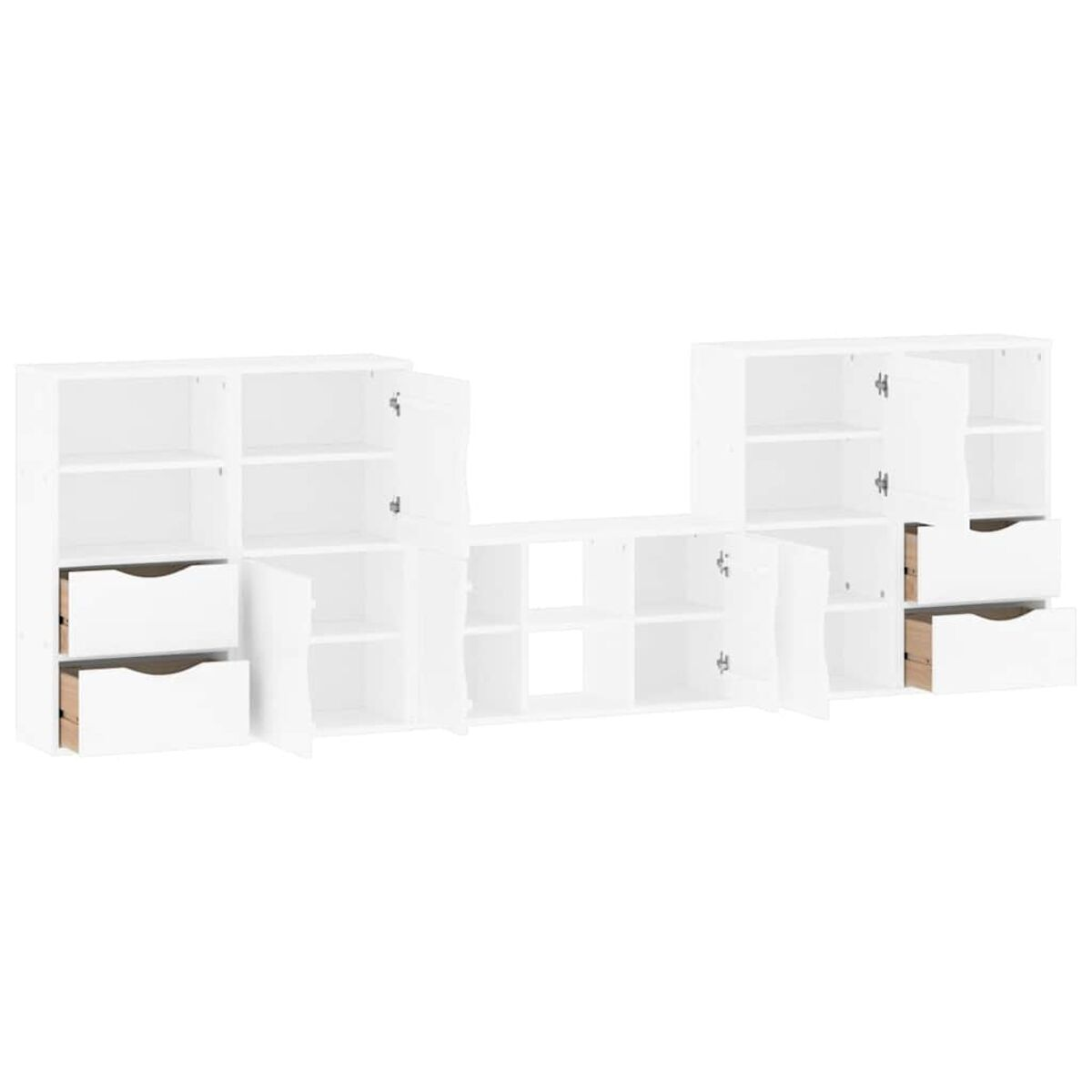 Weißes modulares Aufbewahrungsmöbel mit Regalen, Schubladen und Türen. Einige Türen und Schubladen sind geöffnet.