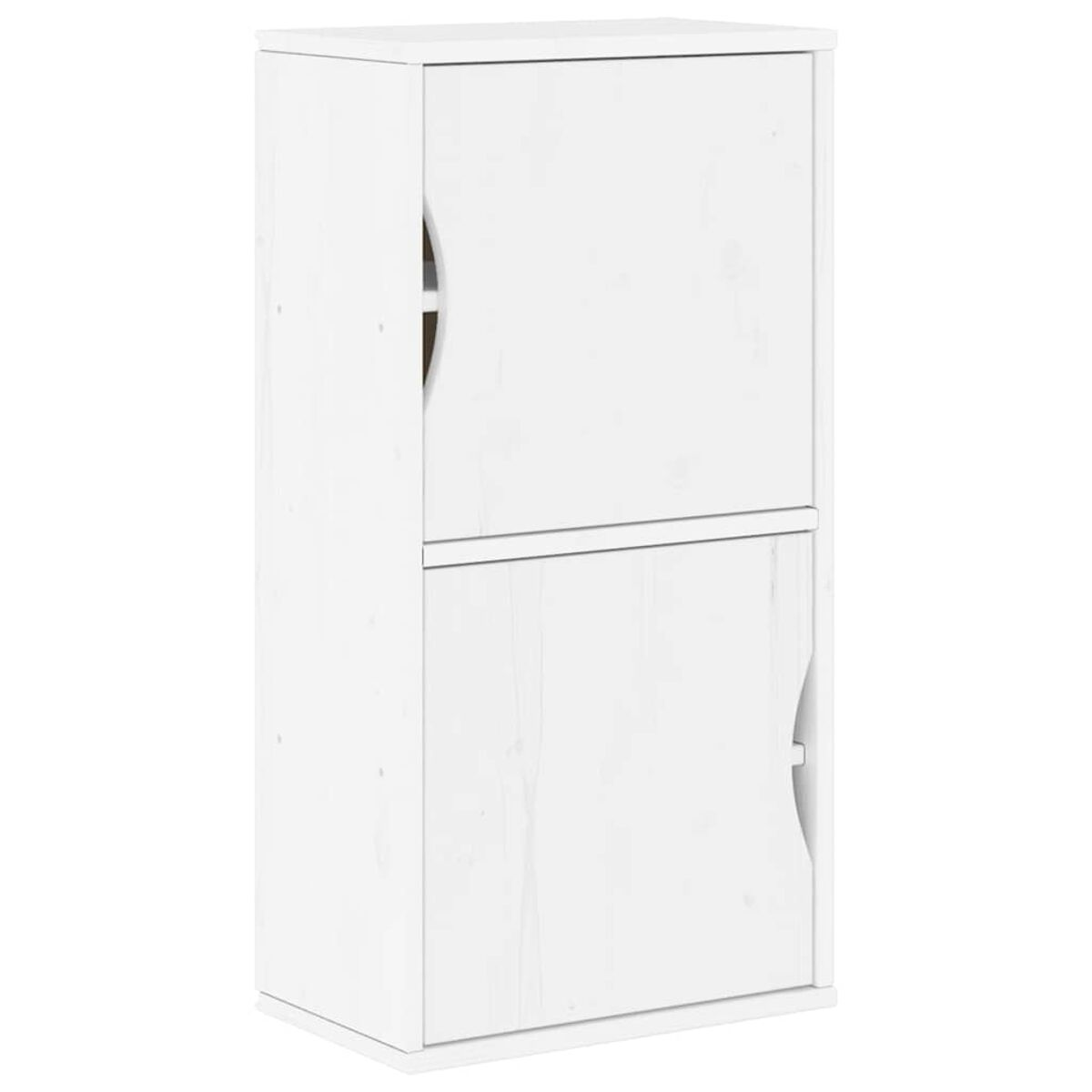 Ein weißer Schrank mit zwei Türen. Die Türen haben gebogene Griffe. Der Schrank steht auf einer weißen Oberfläche.