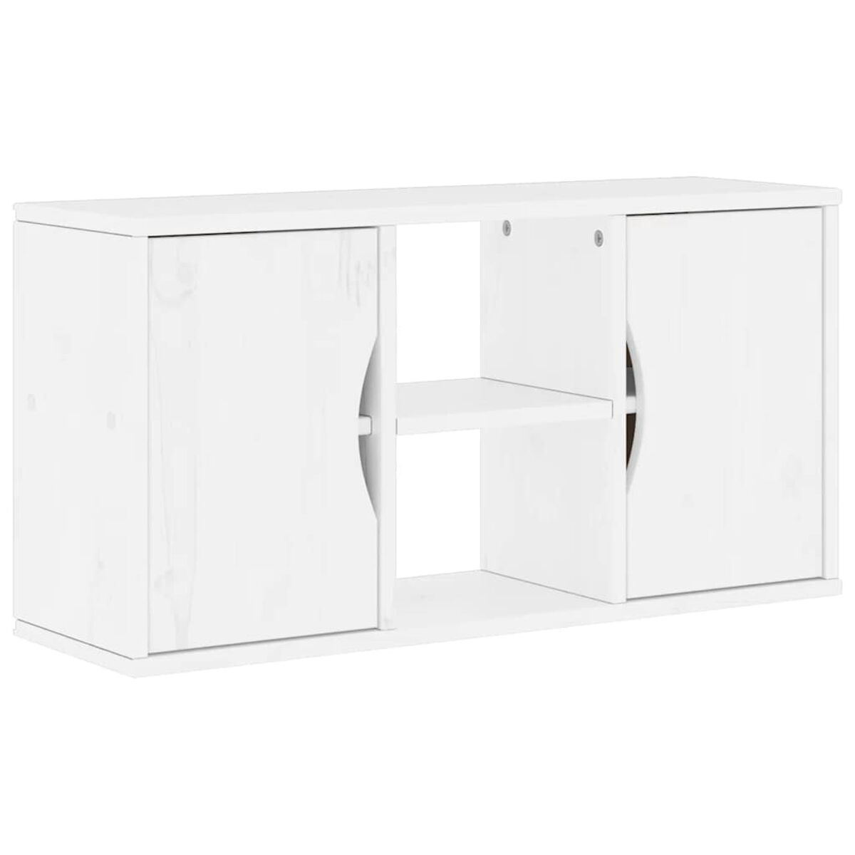 Ein weißer Holzschrank mit zwei Türen und einem offenen Regal in der Mitte. Die Türen haben gebogene Griffe.