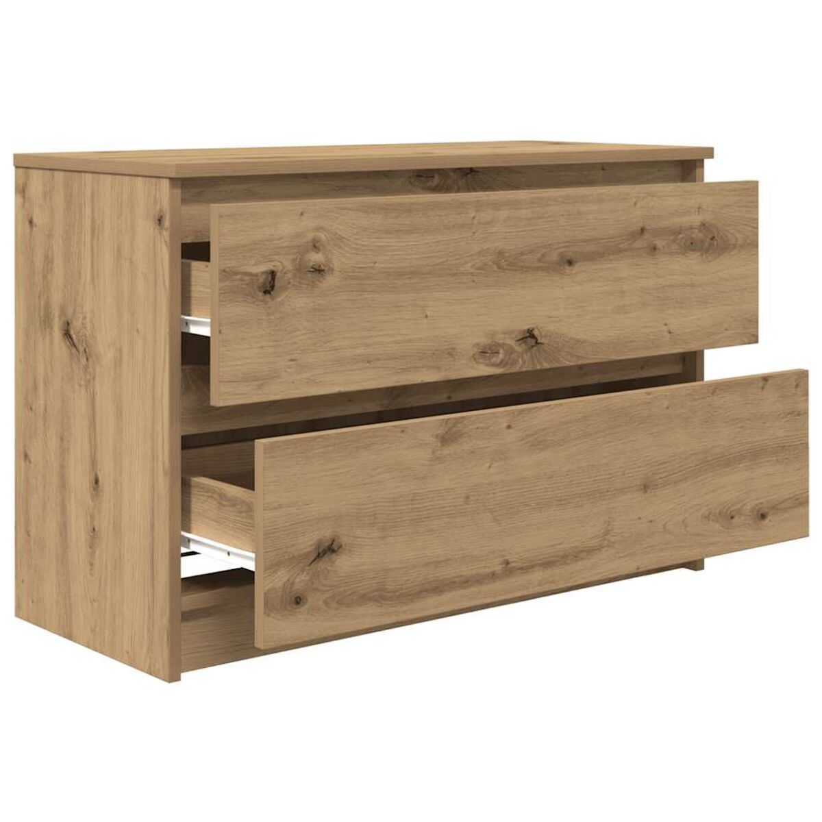 Eine Holzkommode mit zwei offenen Schubladen. Die Holzmaserung ist sichtbar. Die Schubladen sind hellbraun.