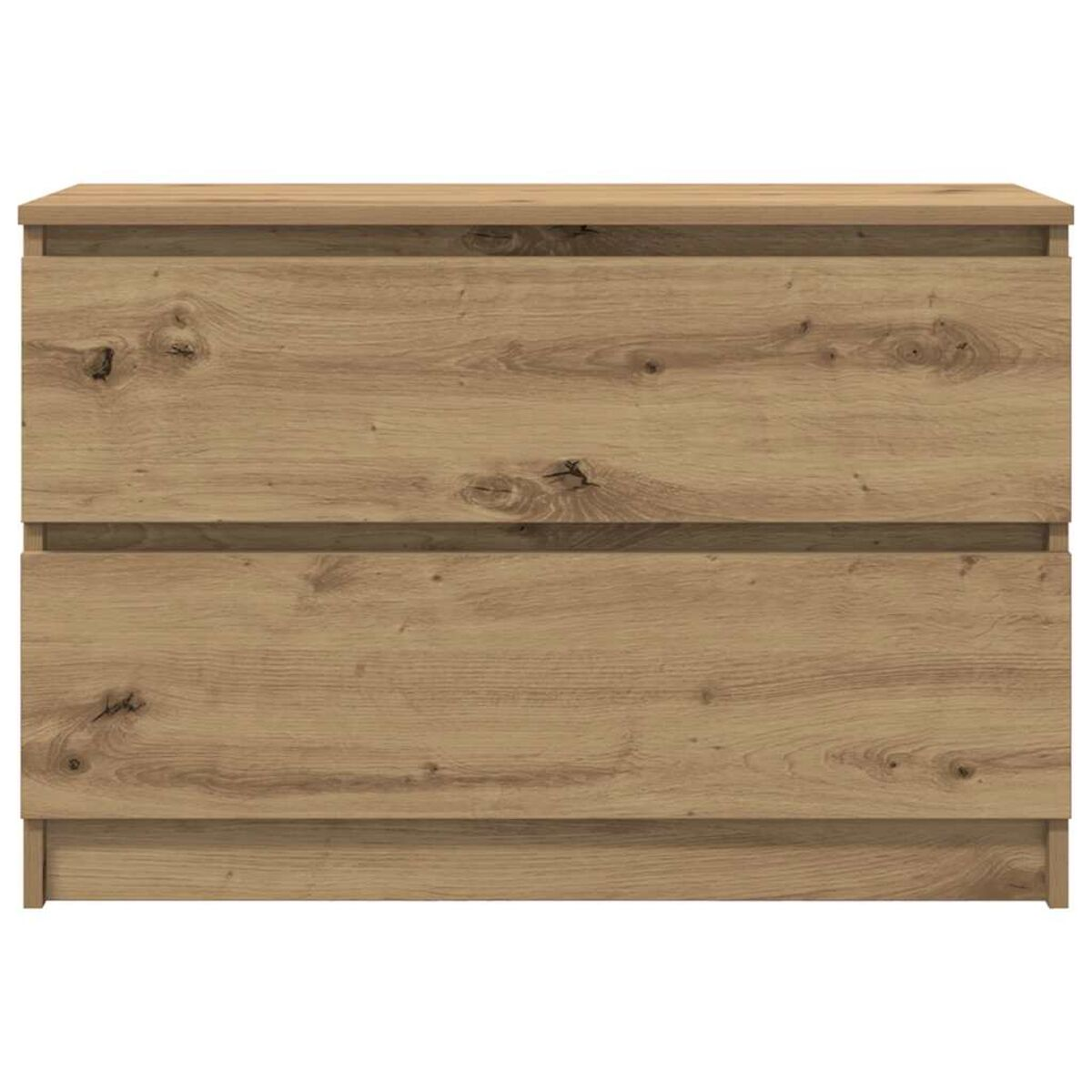 Eine Holzkommode. Sie hat zwei Schubladen und eine Oberseite. Das Holz hat eine natürliche Maserung und eine hellbraune Farbe.