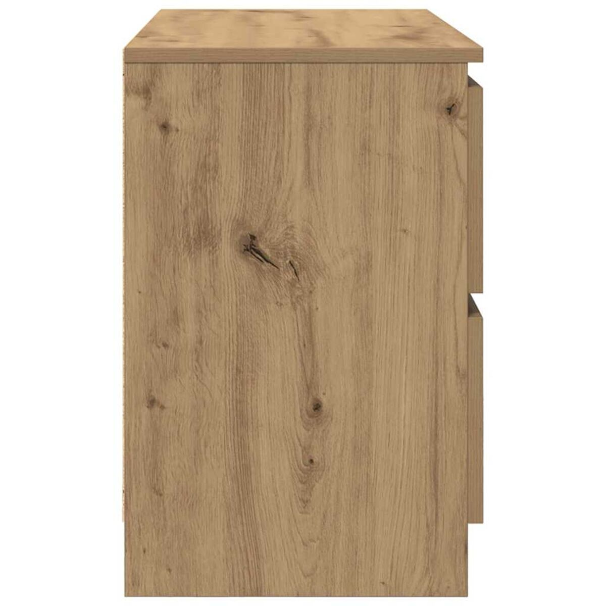 Seitenansicht eines hellbraunen Holzschranks mit zwei Schubladen, der die Holzmaserung zeigt.