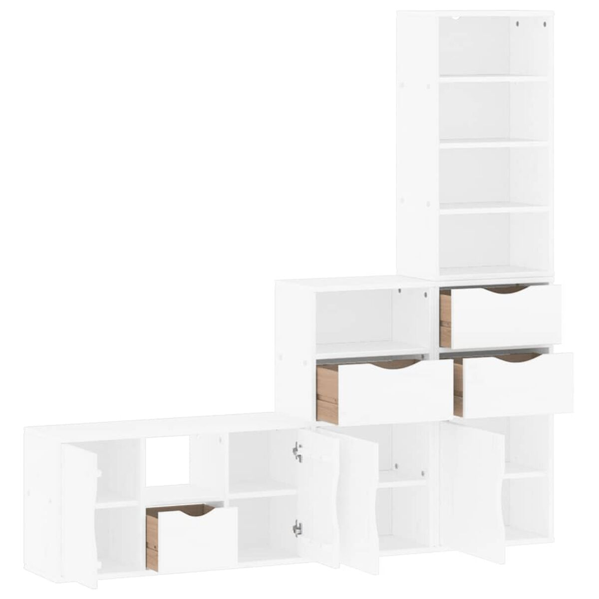 Weißes modulares Aufbewahrungsmöbel mit offenen Türen, Schubladen und Regalen. Innenholzfarbe sichtbar. Verschiedene Konfigurationen.