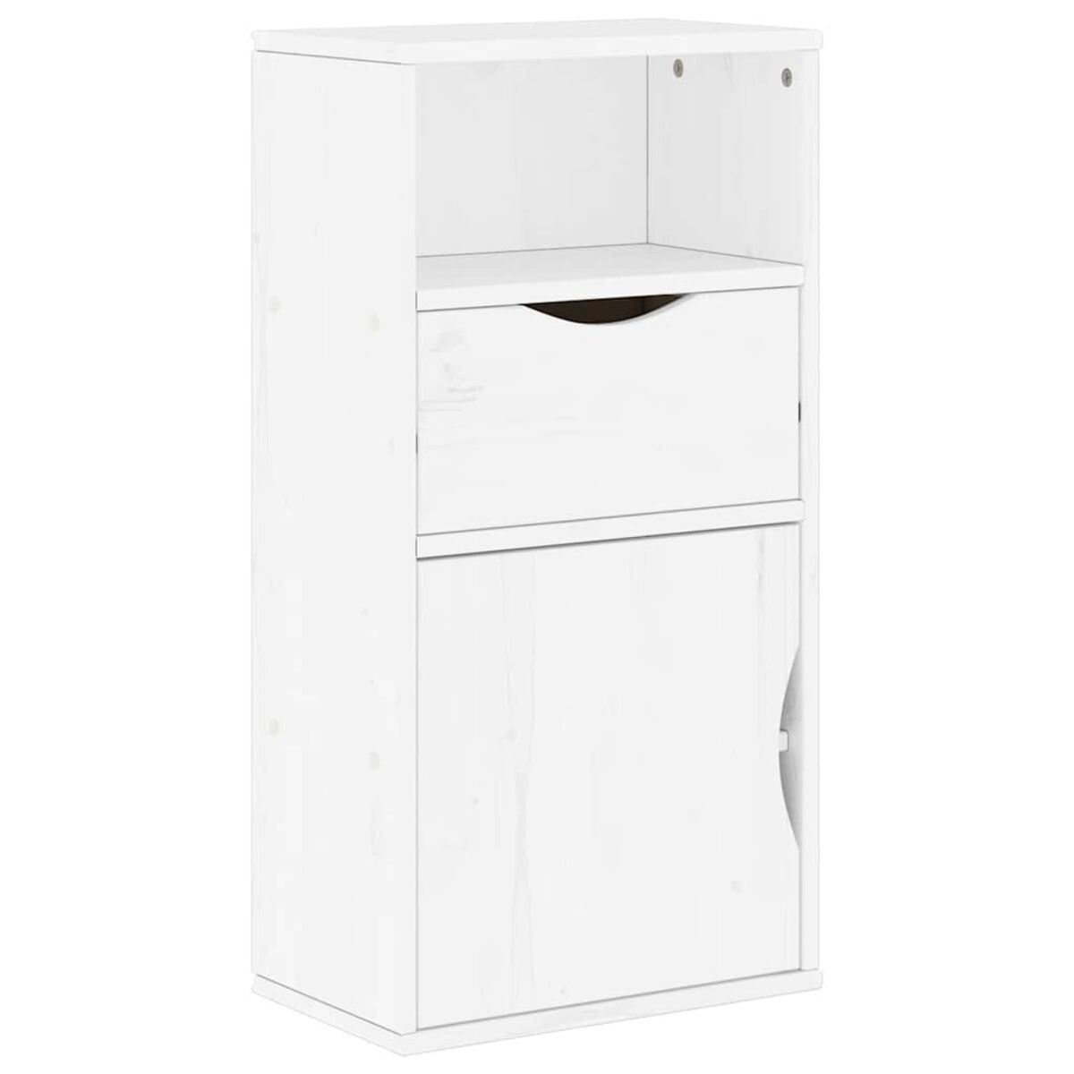 Ein weißer Holzschrank mit Schublade und Tür. Oben hat er ein Regal. Der Hintergrund ist weiß.