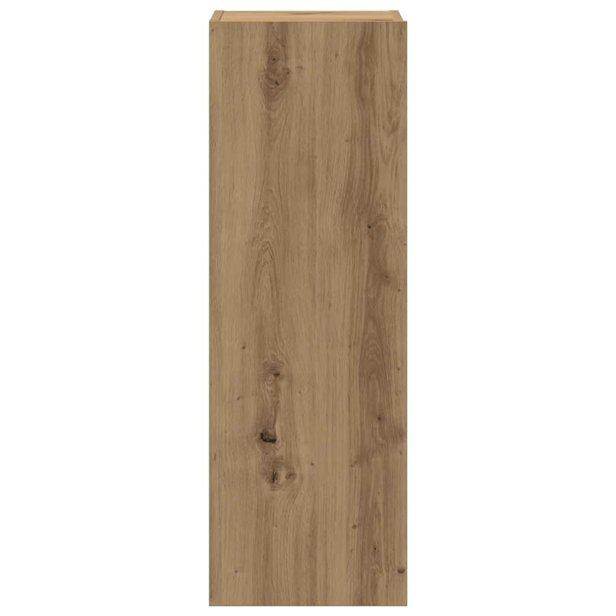 Eine vertikale Holztafel mit hellbrauner Holzmaserung. Die Oberseite hat einen helleren Farbton. Äste und Maserungen sind sichtbar.