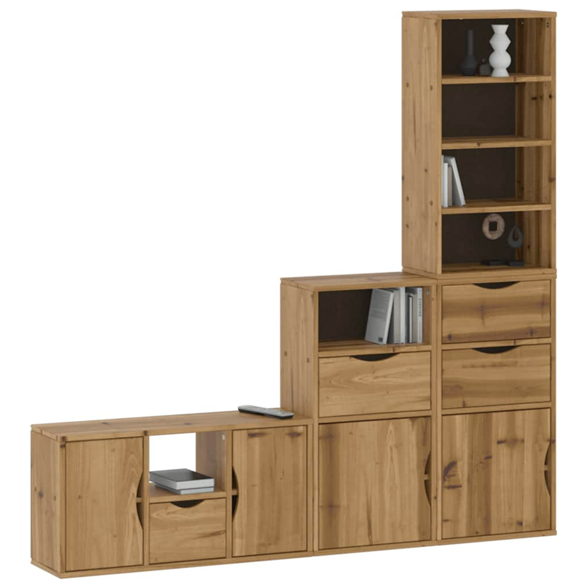 Modularer Holzschrank mit Regalen, Schubladen und Türen. Bücher, Vasen und Fernbedienung sind sichtbar. Der Schrank ist hellbraun.