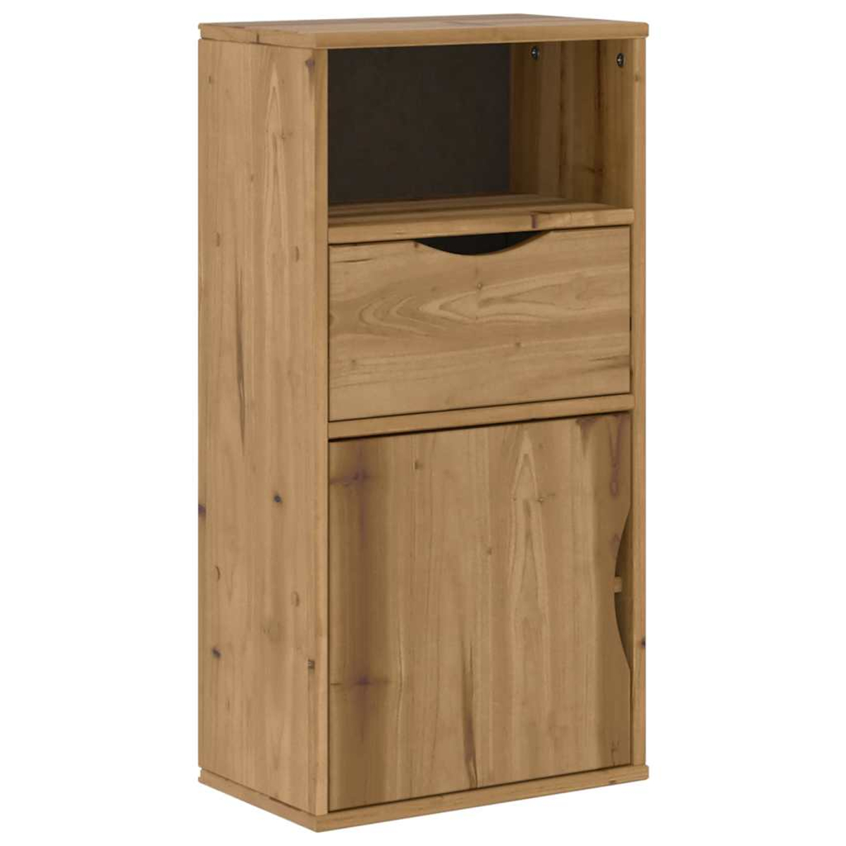 Ein Holzschrank mit oberem Regal, Schublade und unterer Tür. Das Holz ist hellbraun.