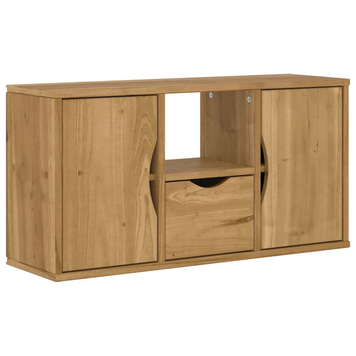 Holzschrank mit zwei Türen, einer Schublade und einem offenen Regal. Hellbraune Farbe, schlichtes Design und sichtbare Holzmaserung.