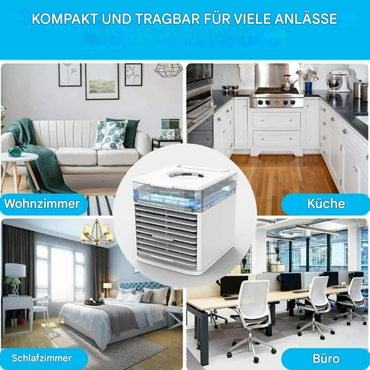 Ein weißer Luftkühler steht in der Mitte. Es zeigt ein Wohnzimmer, eine Küche, ein Schlafzimmer und ein Büro. Der Text ist auf Deutsch.