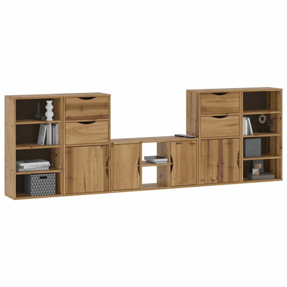 Holzwand-Einheit mit Schubladen, Regalen und Schränken. Zu den Artikeln gehören Bücher, Vasen, eine gemusterte Box und Dekorationsgegenstände.