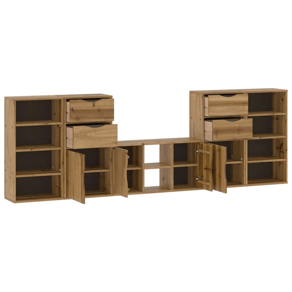 Modulares Holzaufbewahrungselement mit Regalen, Schubladen und Schränken. Das Element ist hellbraun und vor weißem Hintergrund.