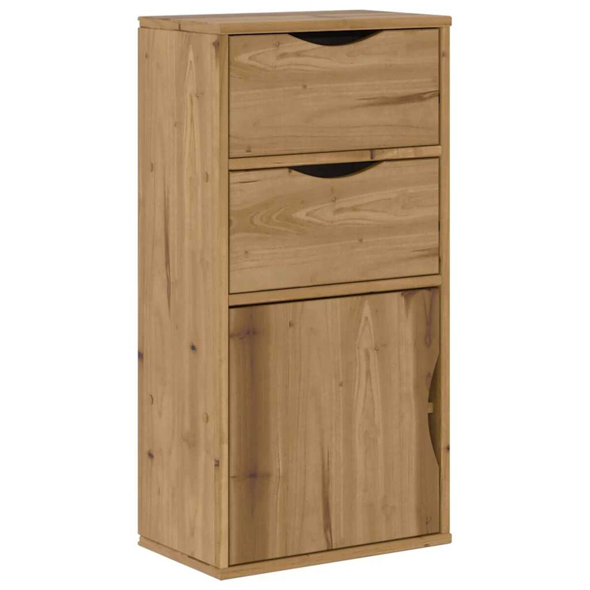 Holzschrank mit zwei Schubladen und einer Tür darunter. Das Holz hat eine hellbraune Farbe.