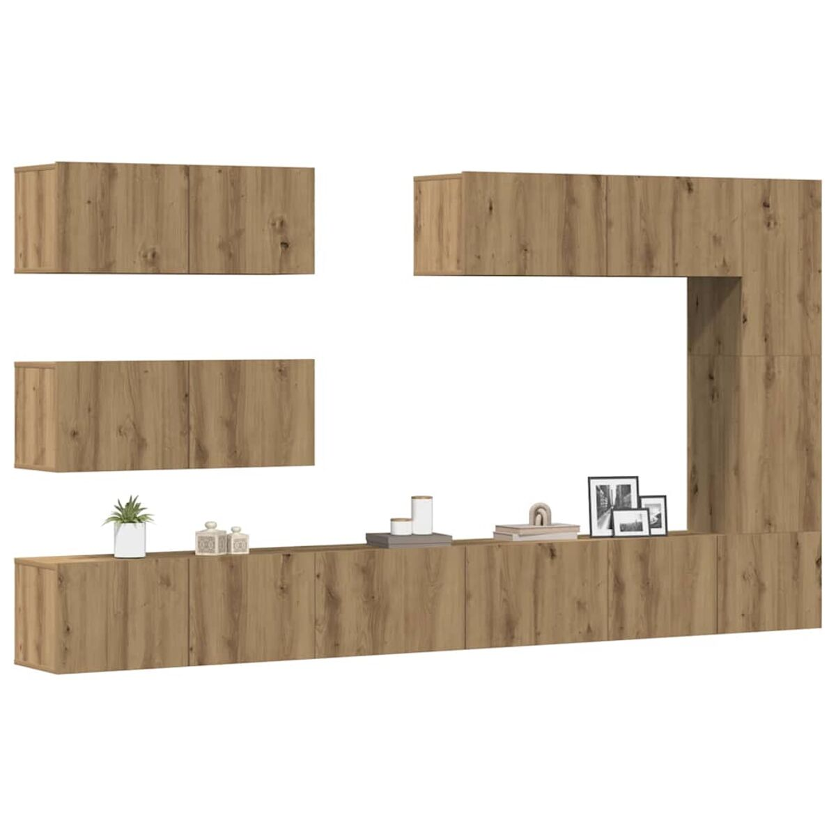 Holz-Wandmöbel mit mehreren Schränken und Regalen. Die Dekoration umfasst Pflanzen, Vasen und gerahmte Bilder. Das Gerät steht vor weißem Hintergrund.