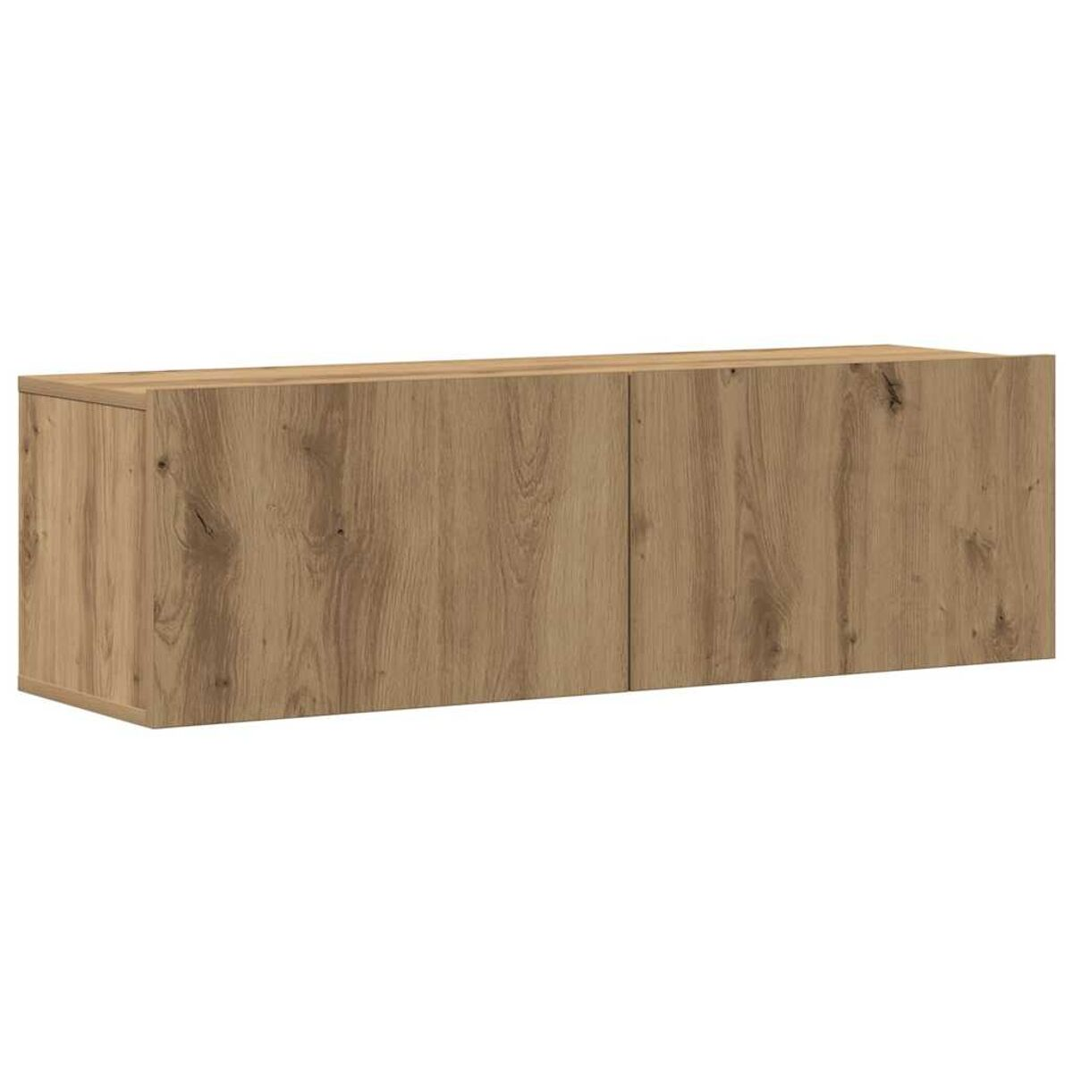 Ein Holzschrank mit zwei Türen. Der Schrank ist rechteckig und an der Wand montiert. Das Holz hat eine natürliche Maserung.
