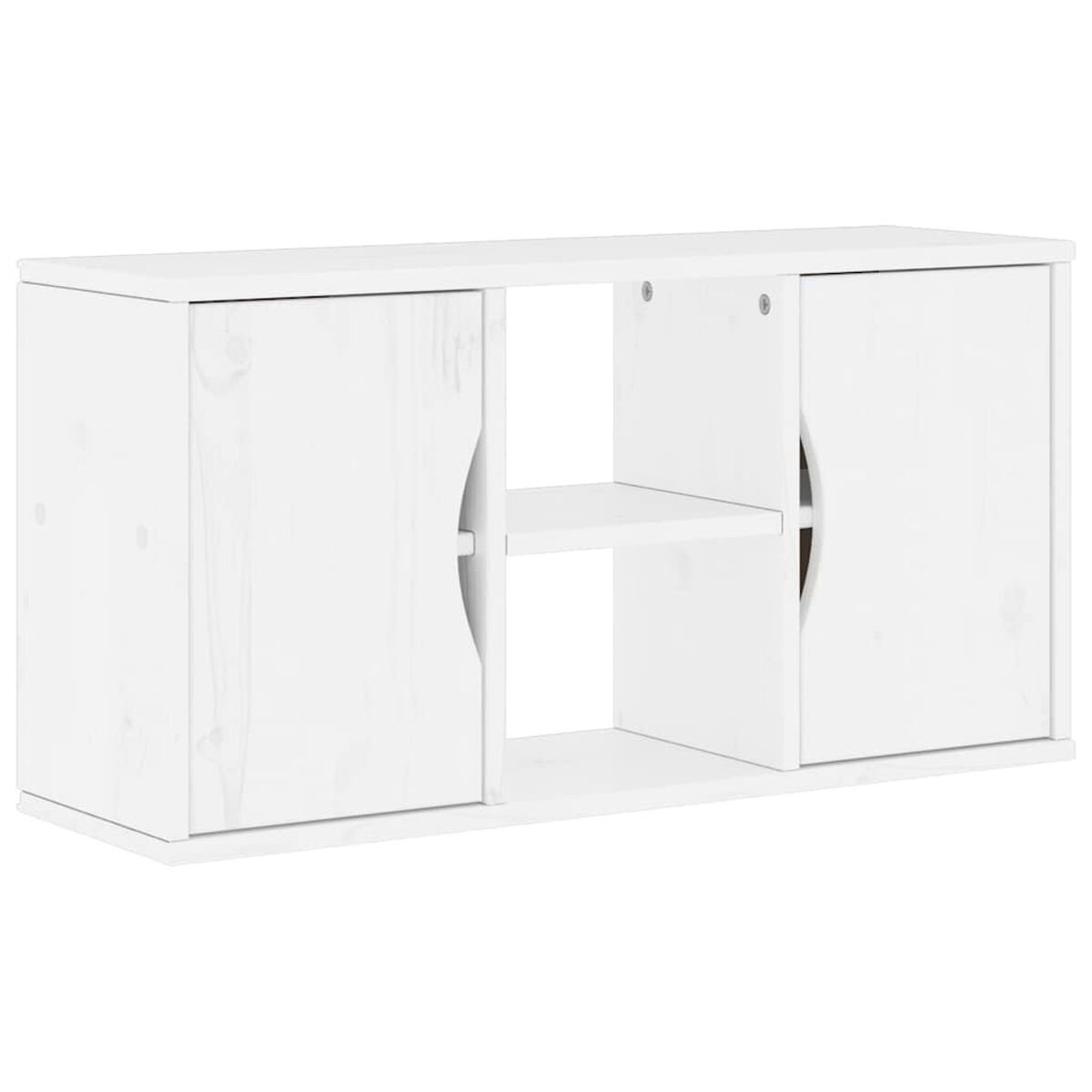 Ein weißer Holzschrank mit zwei Türen und einem offenen Regal in der Mitte. Die Türen haben gebogene Griffe.