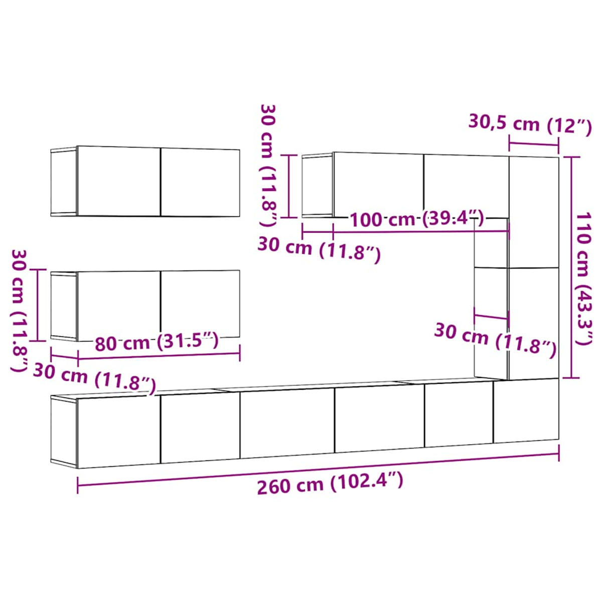 Das Diagramm zeigt die Abmessungen von modularen, wandmontierten Schränken mit Maßen in Zentimetern und Zoll.