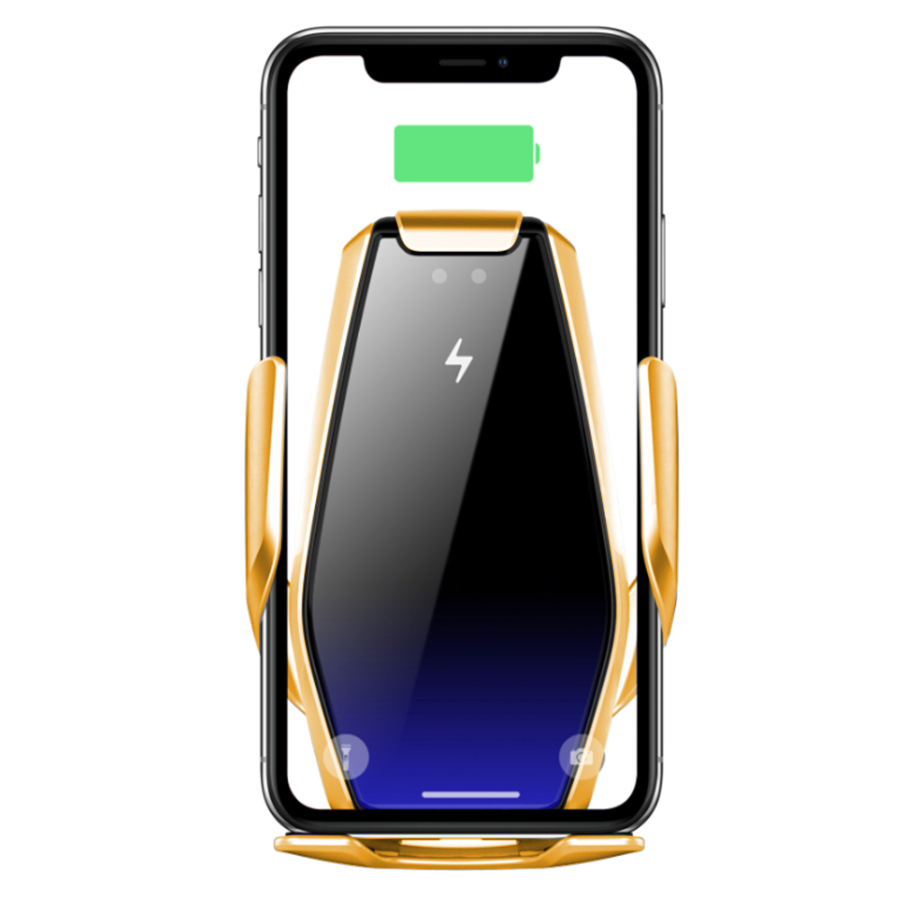 Ein Telefon in einem goldenen kabellosen Ladegerät. Der Telefonbildschirm zeigt ein grünes Batteriesymbol und einen Blitz.